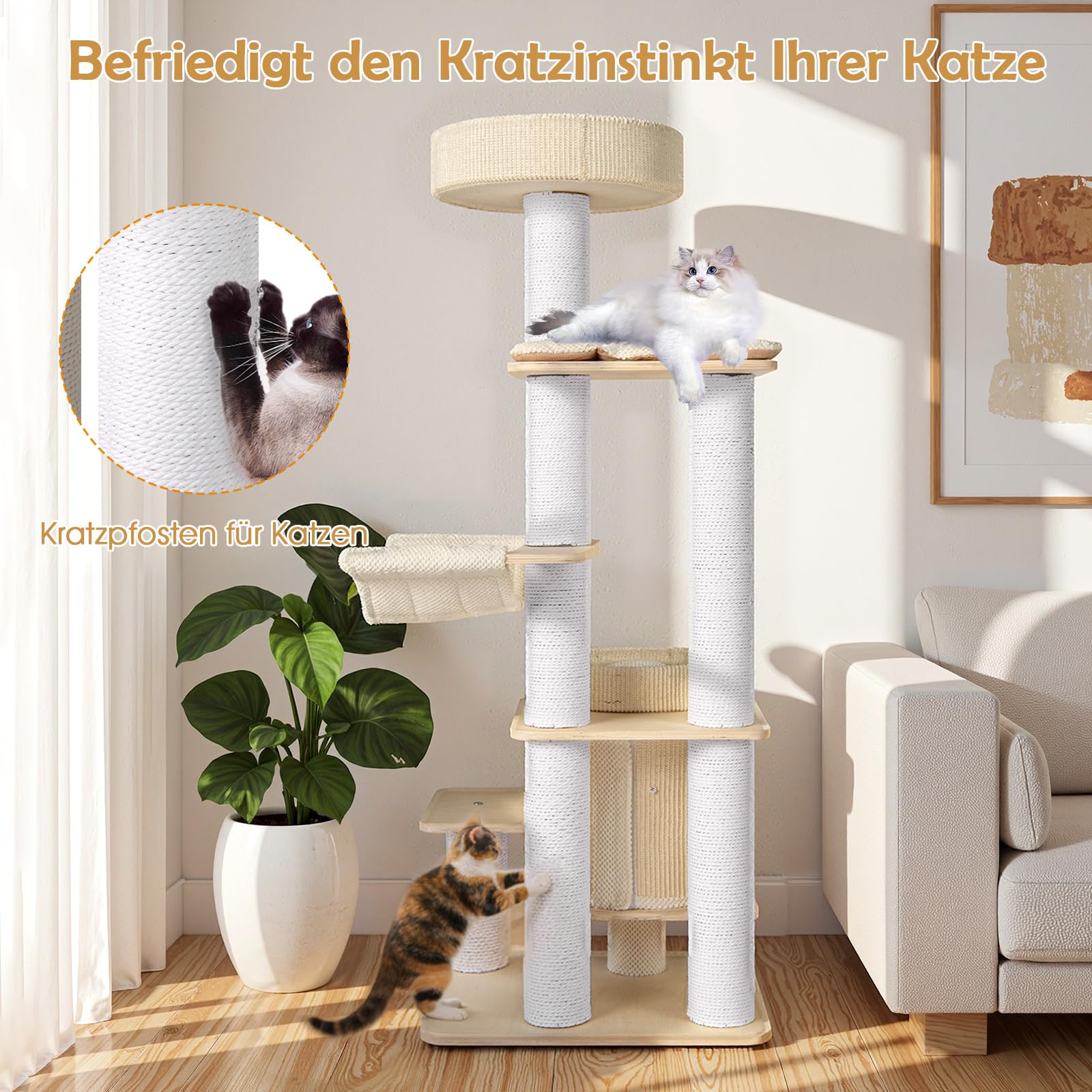 COSTWAY Drapak duży, 151 cm, drewniany drapak dla kota z grubymi pniami, platformami, jaskinia, łóżko, drapak i hamak, wieża dla kota do wspinaczki, kolor szary + naturalny