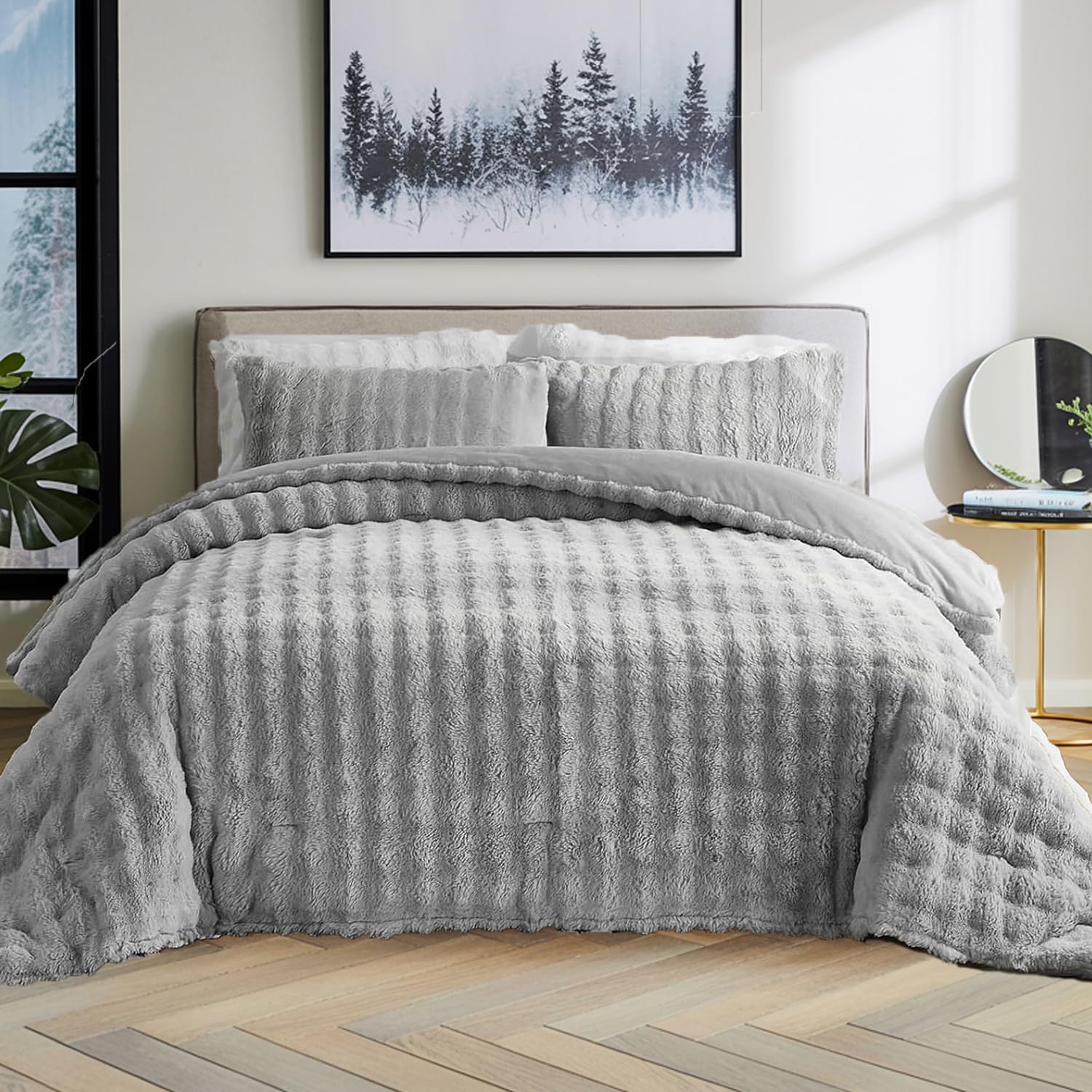 Bedbay Faux Fur Comforter Set King Size Plush Grey Fluffy Comforter Luxury Rabbit Fur Fuzzy Furry Bedding Set 3 Pieces Soft Warm Shaggy Velvet Reversible Quilt Duvet Set for Boys Girls Kids - Image 2