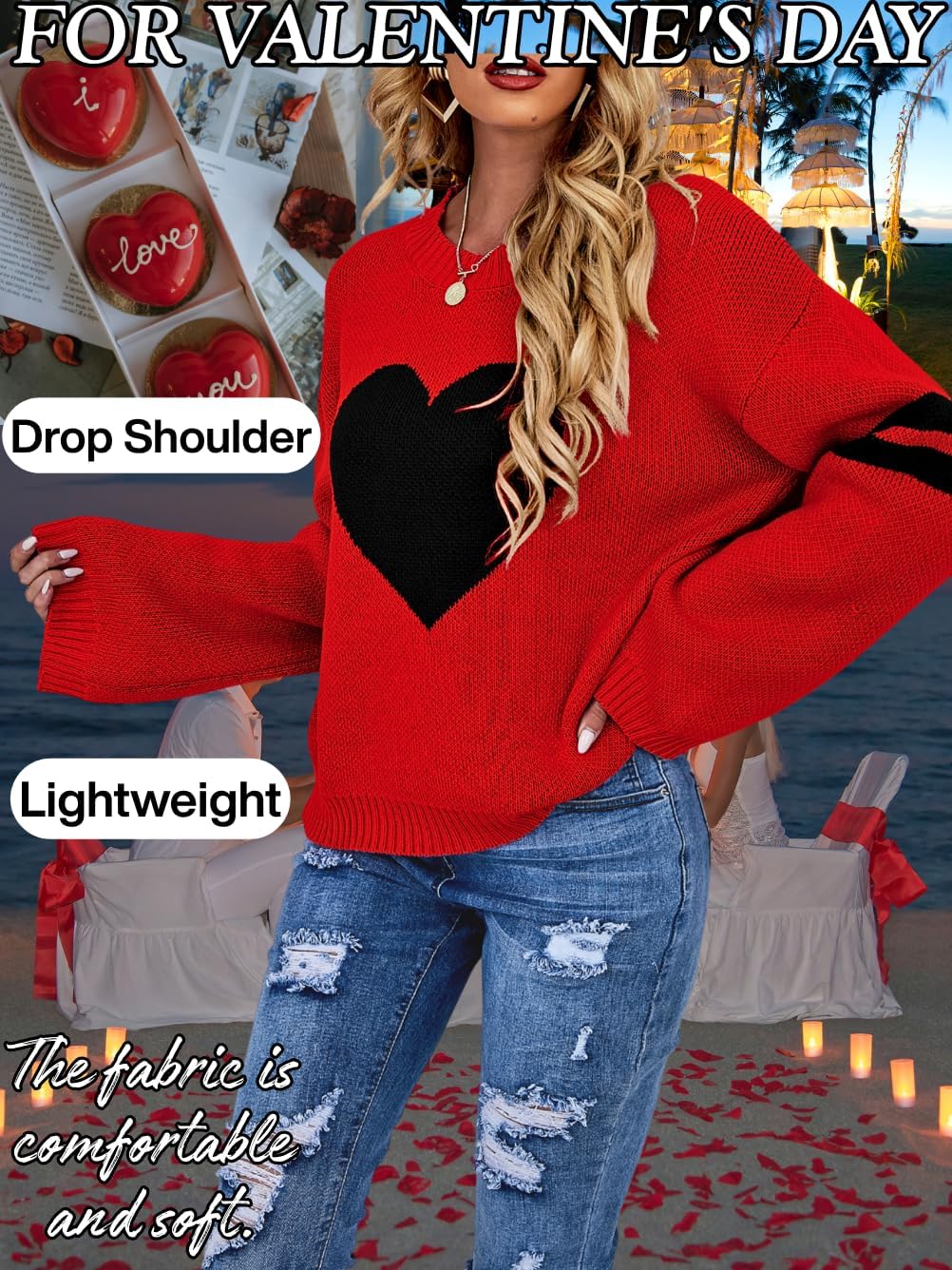 Kaei&Shi Women Cute Heart Sweater,Pattern Pullover Sweaters Sweatshirt,Striped Sleeve Loose Fit Valentines Top Clothes - Image 4