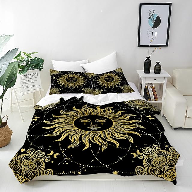 ANHOPE Sun Duvet Cover Set Soft Microfibre Polyester Quilt Cover 3 PCS Bedding Set with 2 Pillowcase Vintage Boho Moon Stars Print Pattern Comforter Cover with Zipper Closure Single (135 x 200 cm)