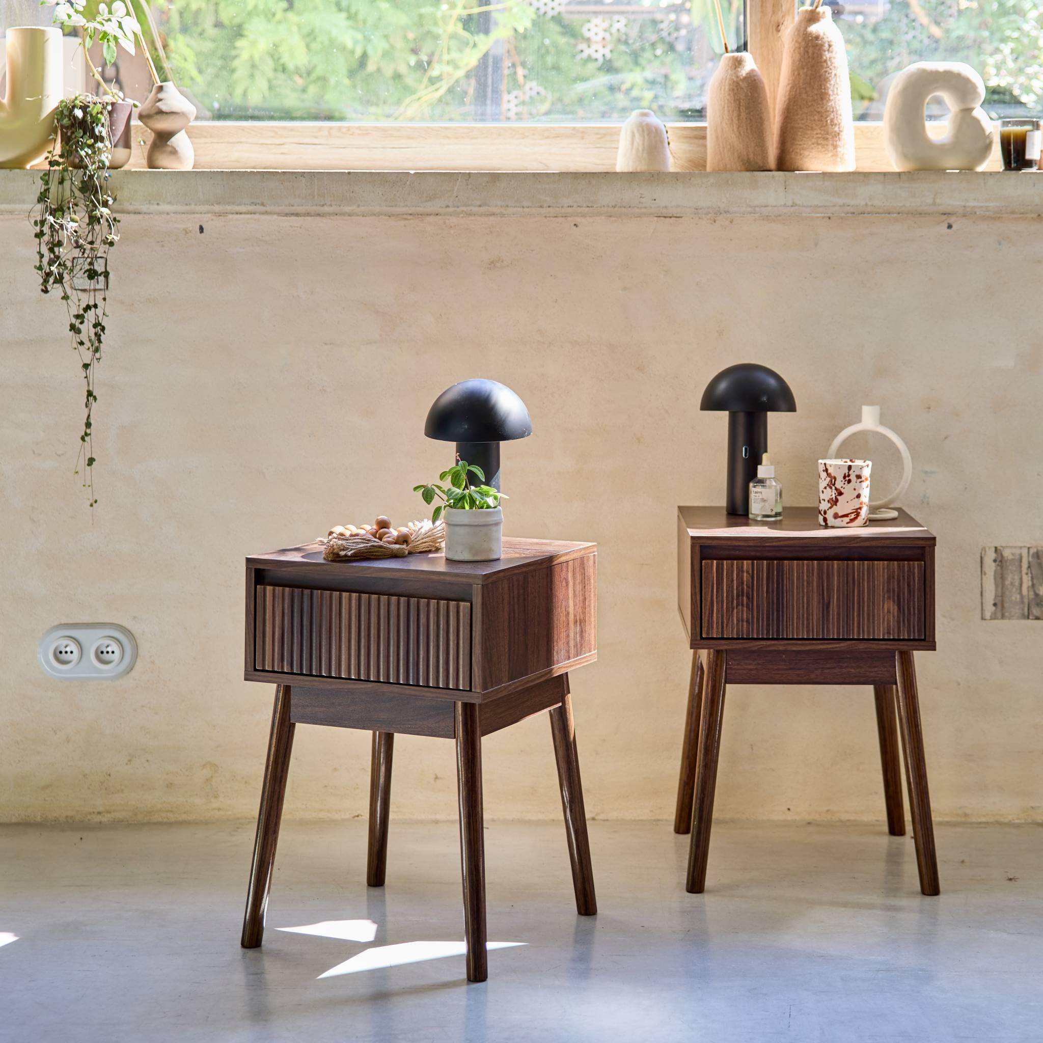 sweeek-Mesita de Noche de 1 cajón con Efecto Madera, Set de 2 Nogal - 39x39x55.4 cm