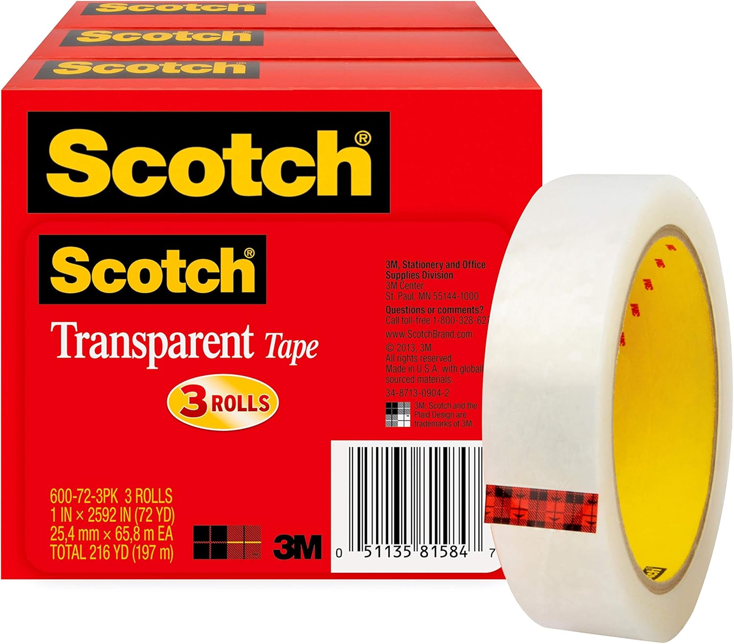 Scotch Transparent Tape, 1 in x 2592 in, 3 Boxes/Pack (600-72-3PK) : Clear Tapes : Office Products