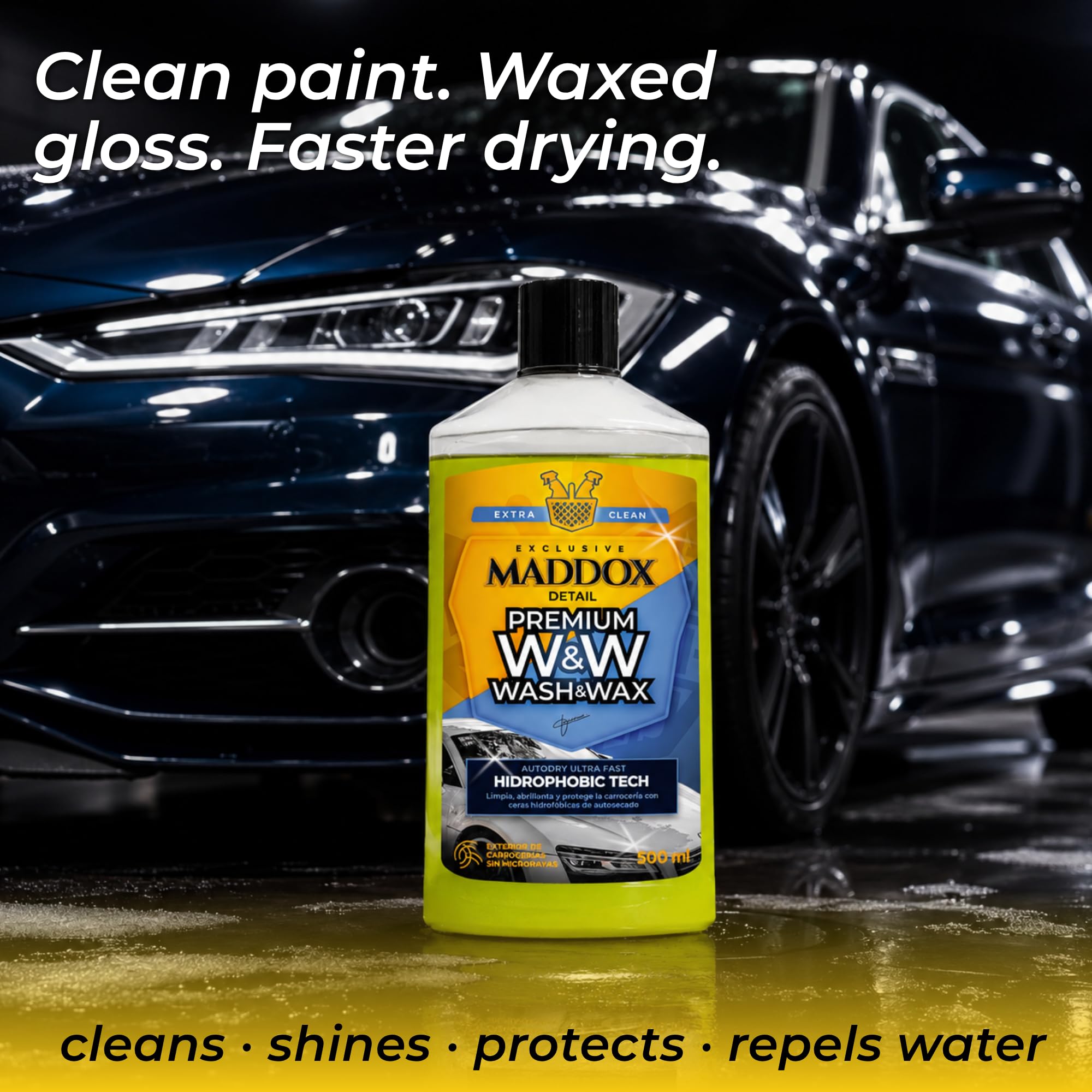 Maddox Detail - Premium Wash & Wax 500 ml | Shampoo auto con Cera Auto | Prodotti per la Pulizia Auto e Rinnova Plastiche Auto | Idratante per Plastica Auto | Protezione Vernice senza Asciugatura