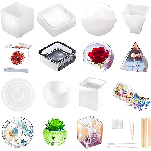 Resin Molds Silicone Kit 20Pcs,Epoxy Resin Molds Including Sphere,Cube,Pyramid,Square,Round, Used for Create Art,DIY,Coasters,Candles.Bonus Decorative Sequins and The Complete Set(20PCS Resin molds)