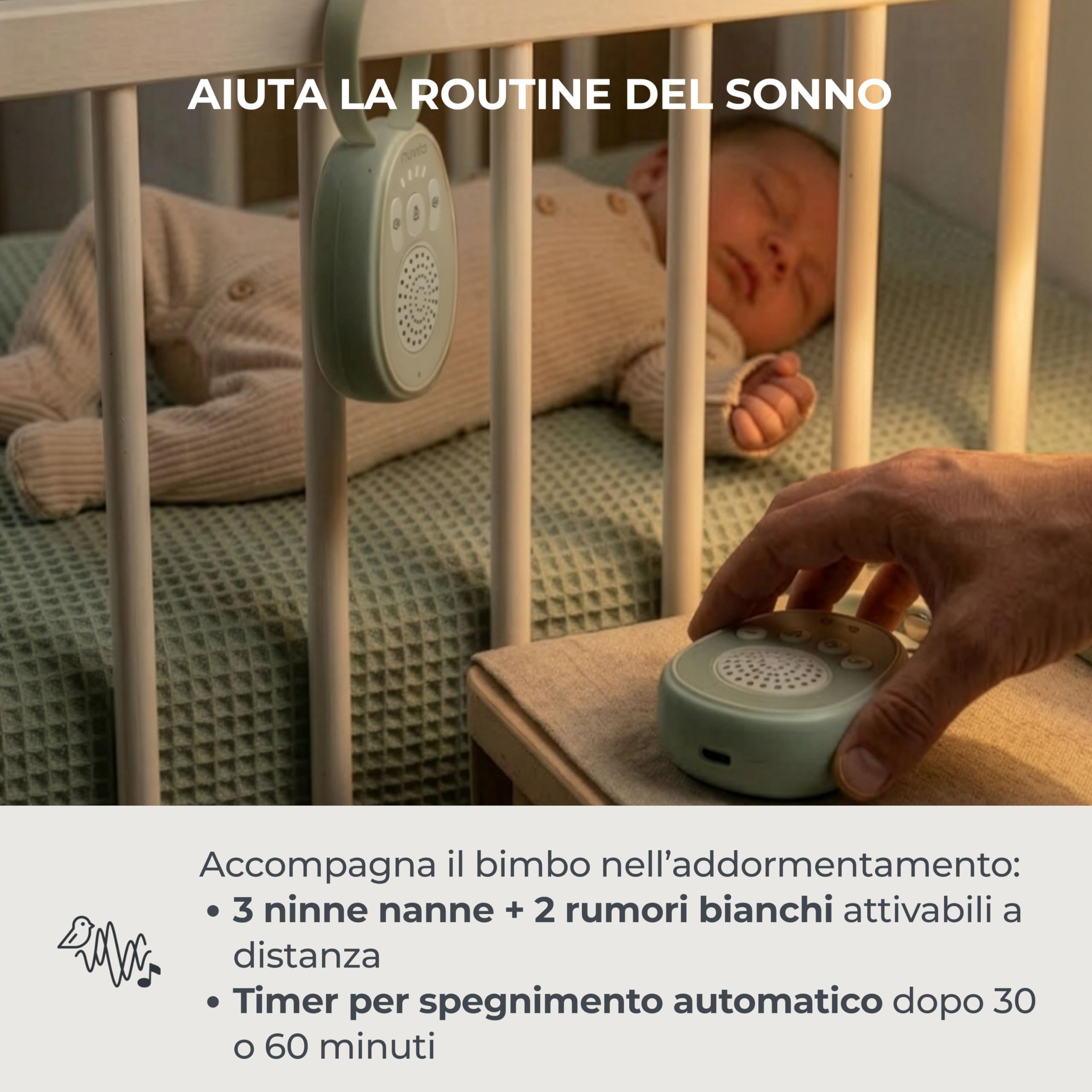 Nuvita 3020 Baby Monitor Audio con Rumore Bianco – Connessione Sicura 2.4 GHz, Audio Bidirezionale, Ricaricabile, Fino a 30h di Autonomia, Ninne Nanne e Timer
