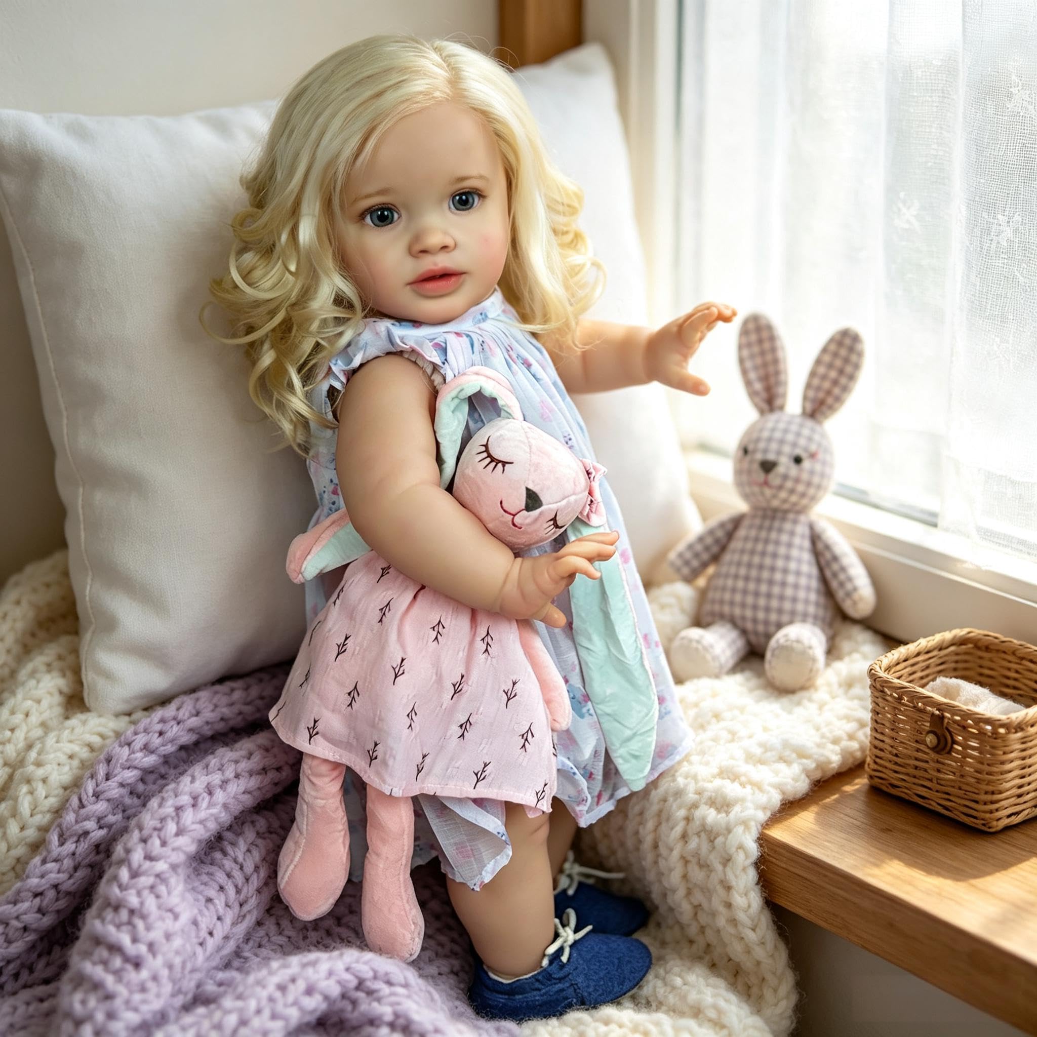 RXDOLL Realistyczne lalki Reborn Baby Dolls Girl Open Eyes 66 cm duży rozmiar Reborn maluch lalki miękka winylowa tkanina ciało prawdziwe życie lalka bobas blond włosy realistyczne maluch lalka Pippa
