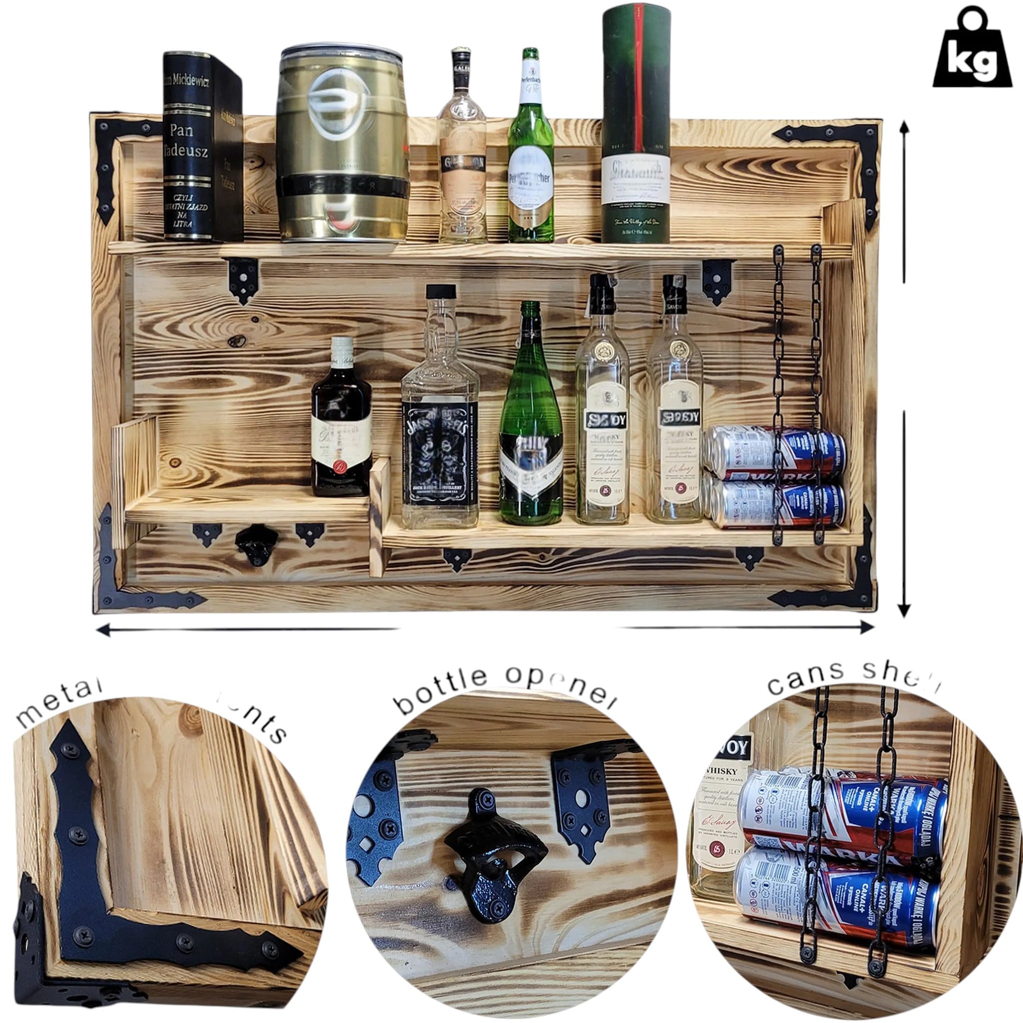 weeco Holzregal Hausbar zum Hängen - Handgemacht Rustikale Stil Wand Bar Flaschenregal Holz - Weinbar Regal Geschenk für männer - Hölzernes 3D-Bild Schnapsbar