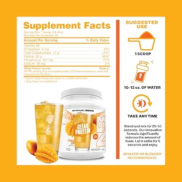 NutraBio Clear Protein Powder, Mango Mist - 20 Servings, 20g Clear Whey Protein Isolate, 0 Sugar, 0g Lactose, Refreshing Fruit Flavors, GLP1 Support - Bone Health - Muscle Post Workout Recovery
