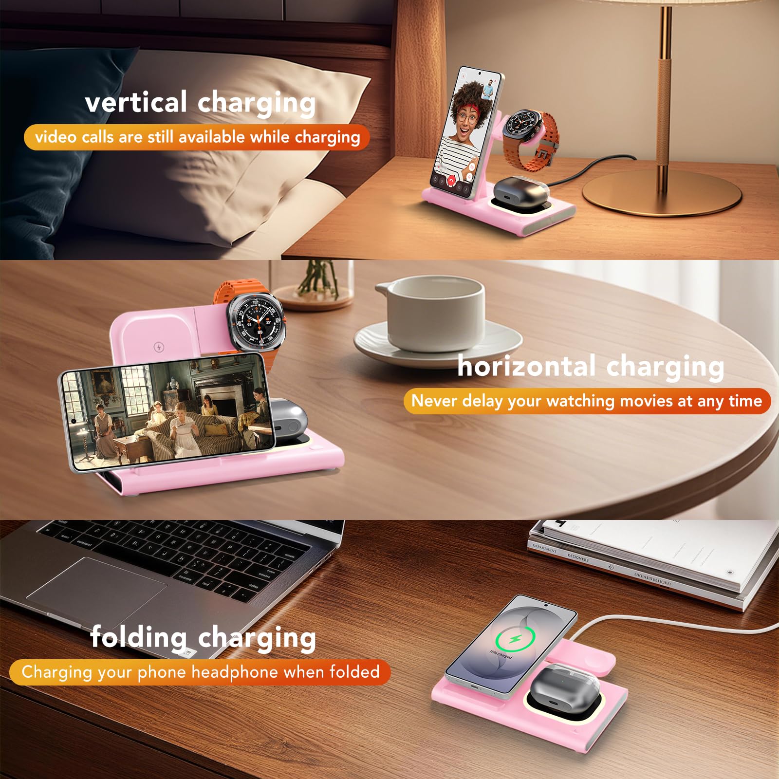 Stazione di ricarica 3 in 1 per Samsung, pieghevole e luce notturna, stazione di ricarica induttiva per Samsung S26/S25/S24/S23/ZFlip/Fold, caricabatterie wireless per Samsung Galaxy Watch Ultra/8/7/6