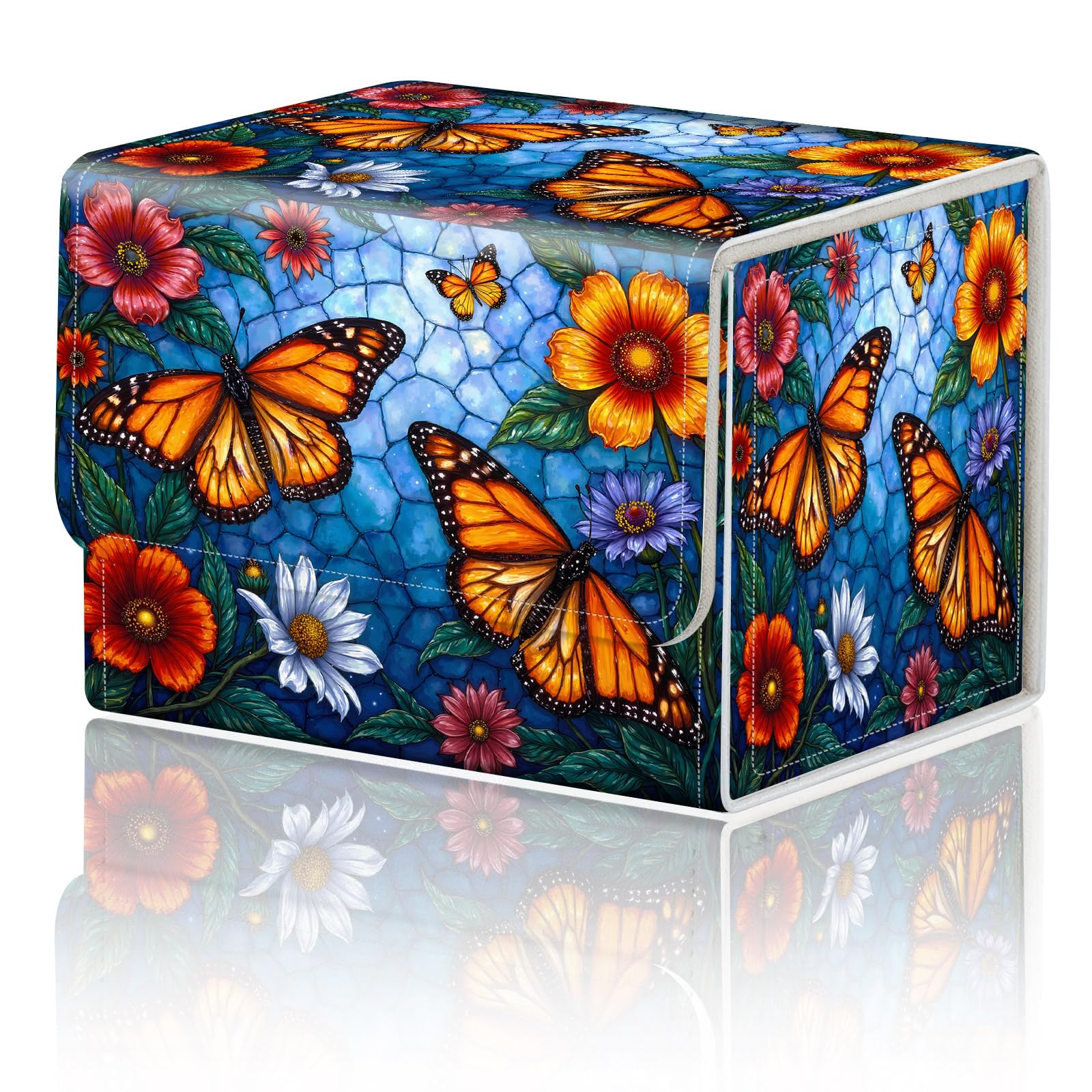 for TCG Deck Box Compact Portable MTG Card Box Organizer Trading Card Case Commander Deck Box MTG Card Game Storage Box Magnetic Closure Creative Pattern Up to 200 Cards,Stained Glass Butterfly Flower — image 1