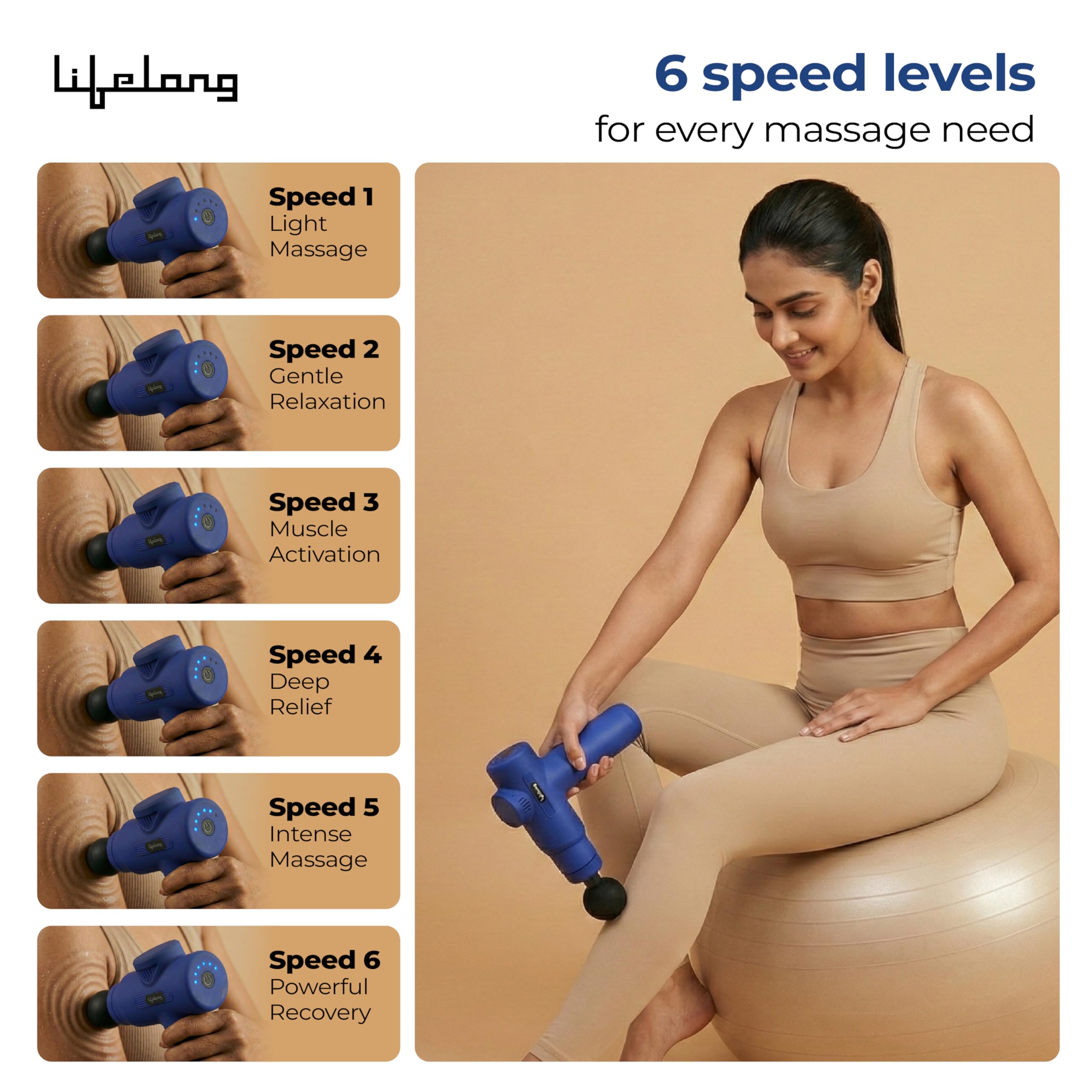Lifelong Percussion Massage Gun | Full Body Massager for Pain Relief | Rechargeable Cordless Deep Tissue Massage Machine | 7 Specialised Heads for Use at Gym, Home & During Travel Product Image 4