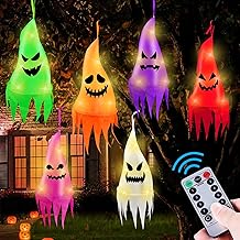 Remote Control - 6 Pcs Halloween Hanging Ghosts with 8 Modes 30 LED Lights,13 FT Long Halloween Decorations Outdoor Hanging Ghosts with Witch Hat,Waterproof for Yard, Lawn, Porch, Garden Tree Outside