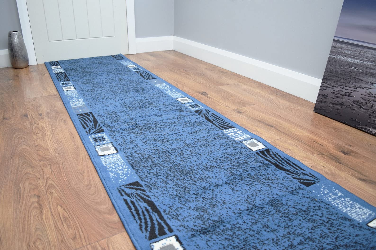 SrS Rugs® Luna Collection, Modern Long Carpet Runner Rug for Entrance Hall and Stairs. Smooth Soft 8mm Depth Pile. 70cm Wide. Any length (Blue Borders, Length: 16' (488cm)) — image 1