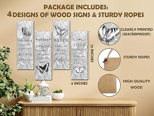 Miniatura 2 de Zmyollo Letrero inspirador para decoración de pared, 4 piezas de letrero de madera de mariposa con cuerda, Believe Dreams Faith Love, decoración de
