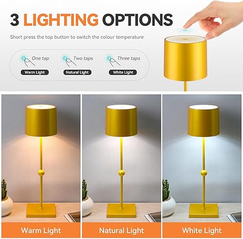Miniatura 8 de Lámpara de mesa inalámbrica, lámpara de metal de 5200 mAh, 3 modos de luz, lámpara de mesa recargable para sala de estar, exterior (C-blanco, 1
