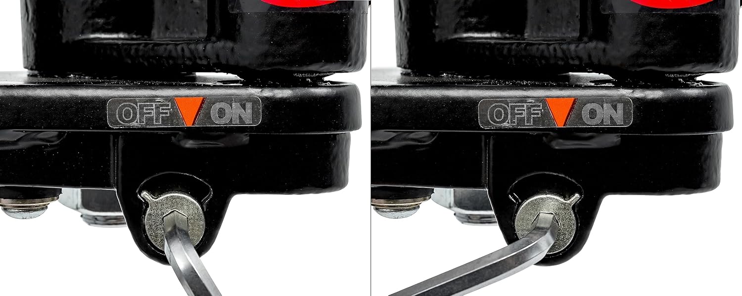 Close-up of the ON/OFF switch for the adaptive sway control on the Eaz-Lift ReCurve R6 hitch, showing the hex key insertion point.
