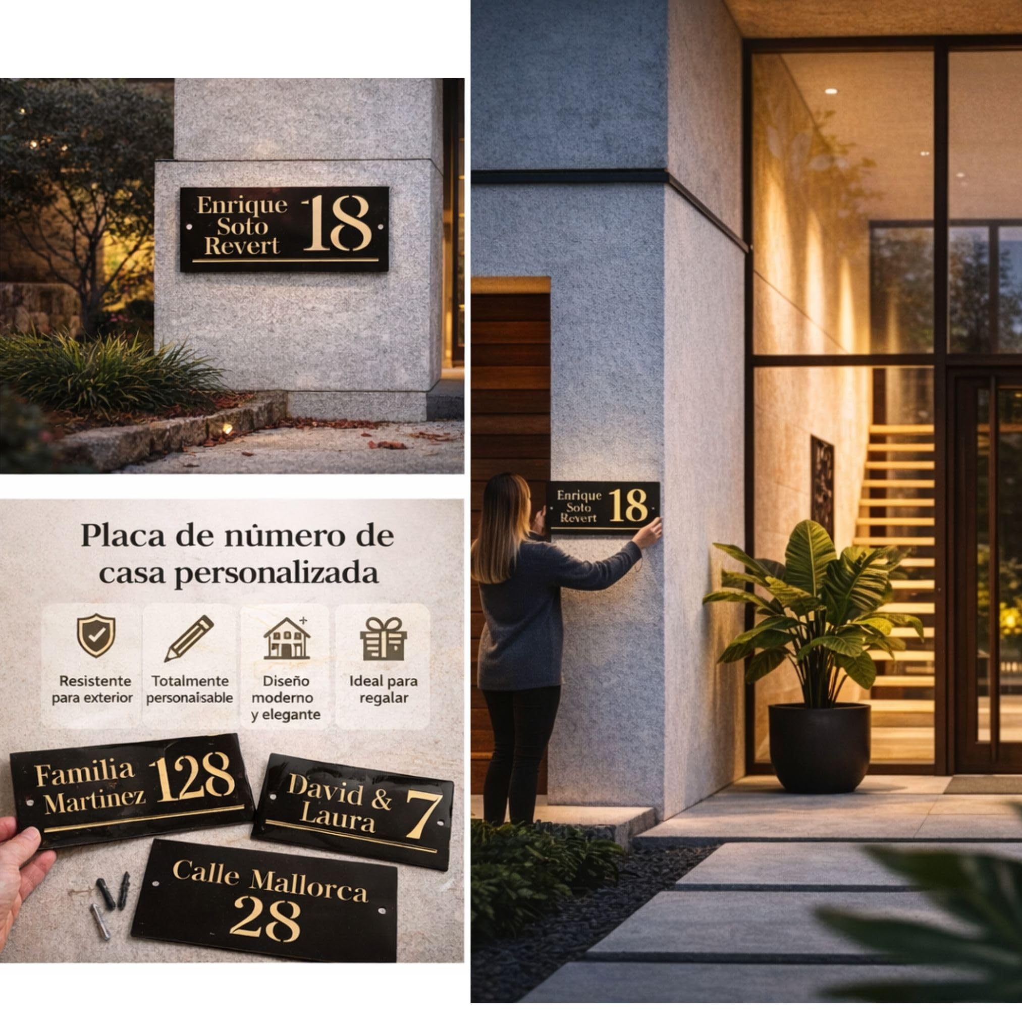 Número de Casa Personalizado con Nombre Placa Exterior Moderna en Metacrilato Negro y Oro – Letrero Dirección Casa Regalo Casa Nueva para Familia Placa Decorativa Olesea