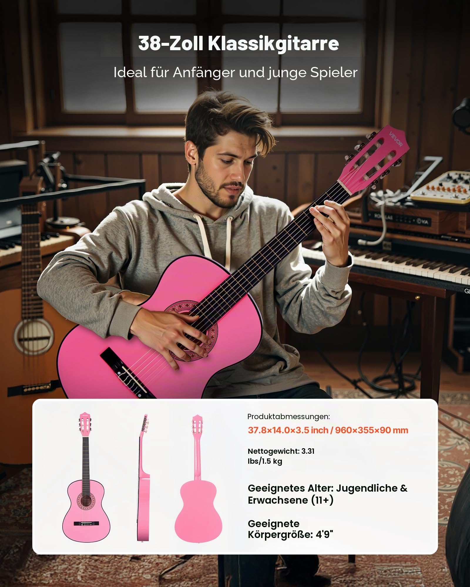 VEVOR Konzertgitarre, 960 mm, Holz-Klassikgitarren-Starter-Set für Anfänger, mit Nylonsaiten, Gigbag, Gurt, Stimmgerät, zusätzlichen Saiten, Plektren, Kapodaster, Linde, für Einsteiger, Pink