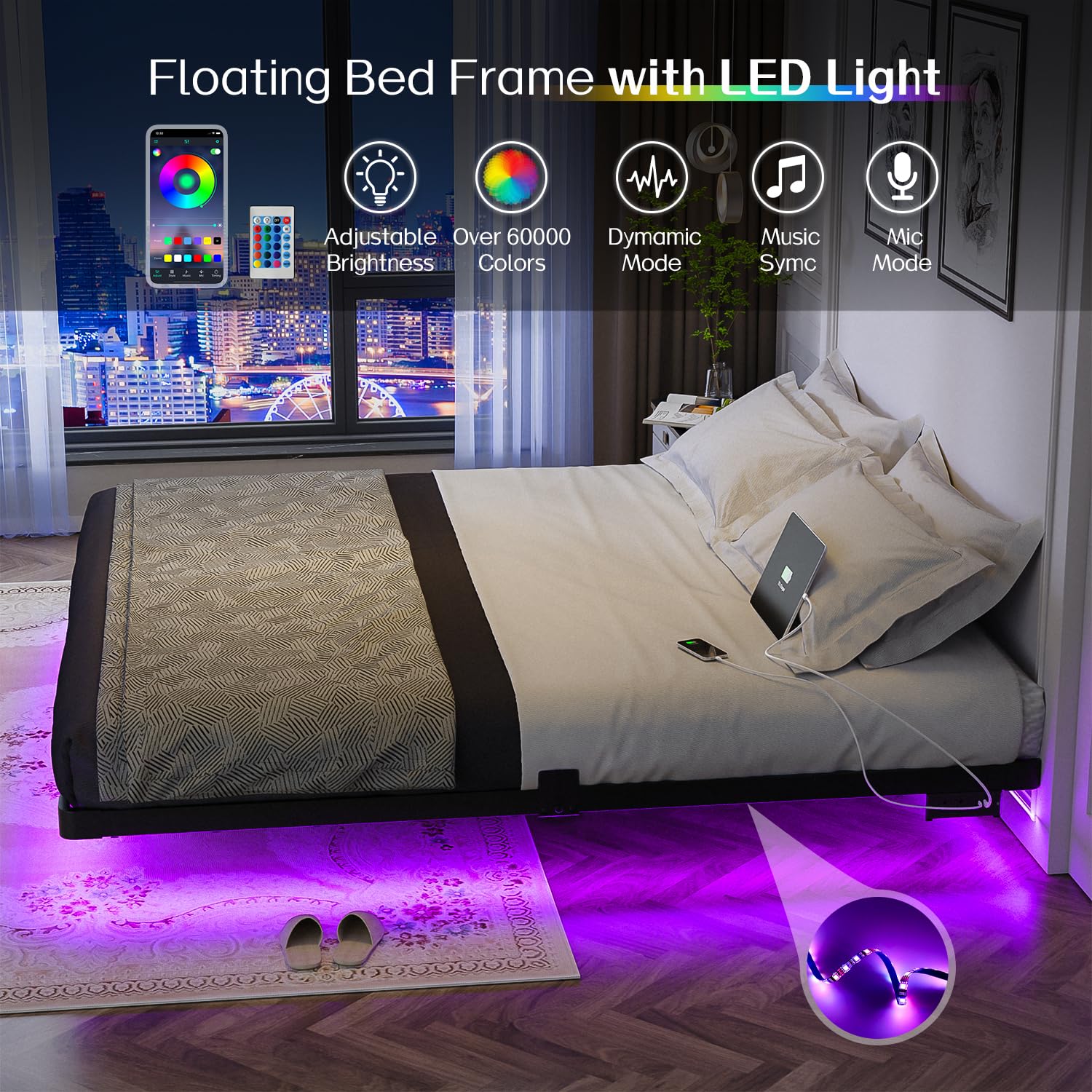 Best Alaskan King Bed Frame Picks for 2026 3 OLEVS King Size Floating Bed Frame Metal with LED Light & Charging Station — product photo