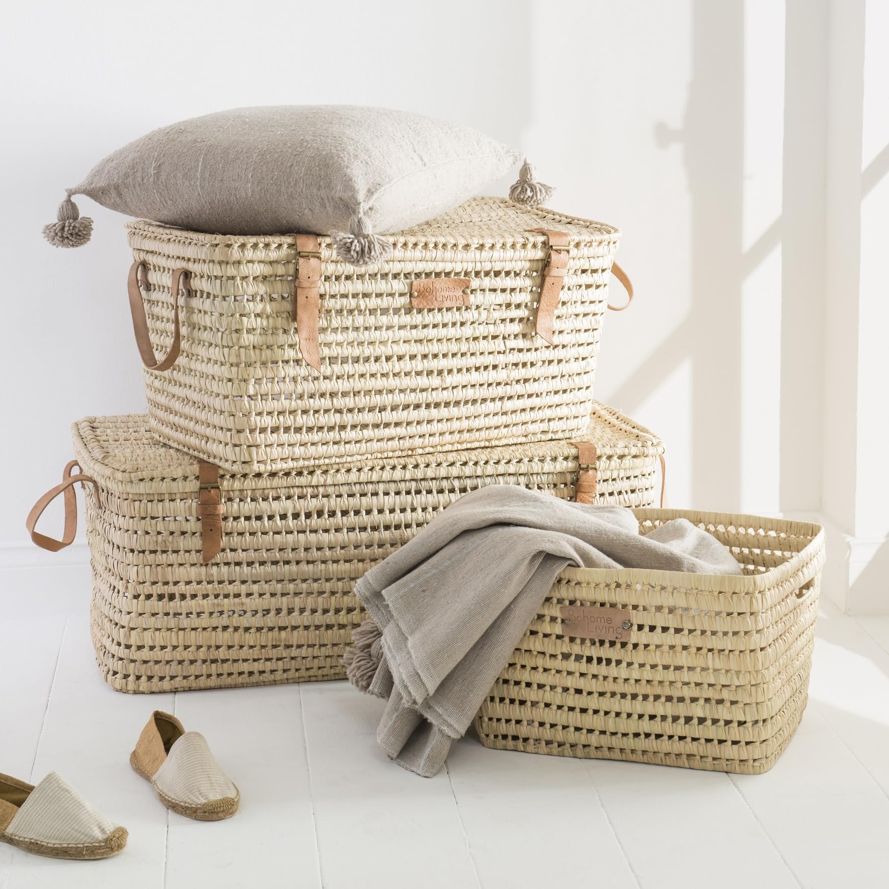 Coffre de Rangement en Osier, Malle de Salon ou Chambre, Bohème Chic (80cm)