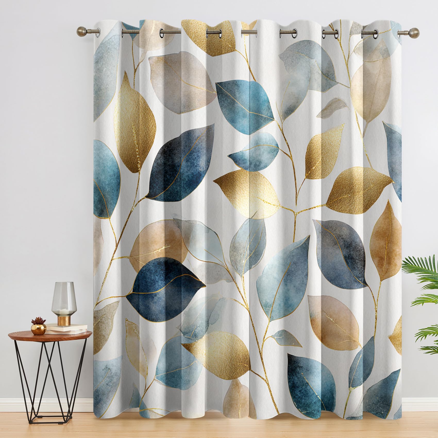 Generisch Blickdichte Vorhänge Blau Goldenes Blatt Muster, H 245 x B 140 2er Set - Moderne ästhetische Blätter Fenster Gardinen mit Ösen, 245 cm Lang Curtains Wohnzimmer Schlafzimmer Deko CG74