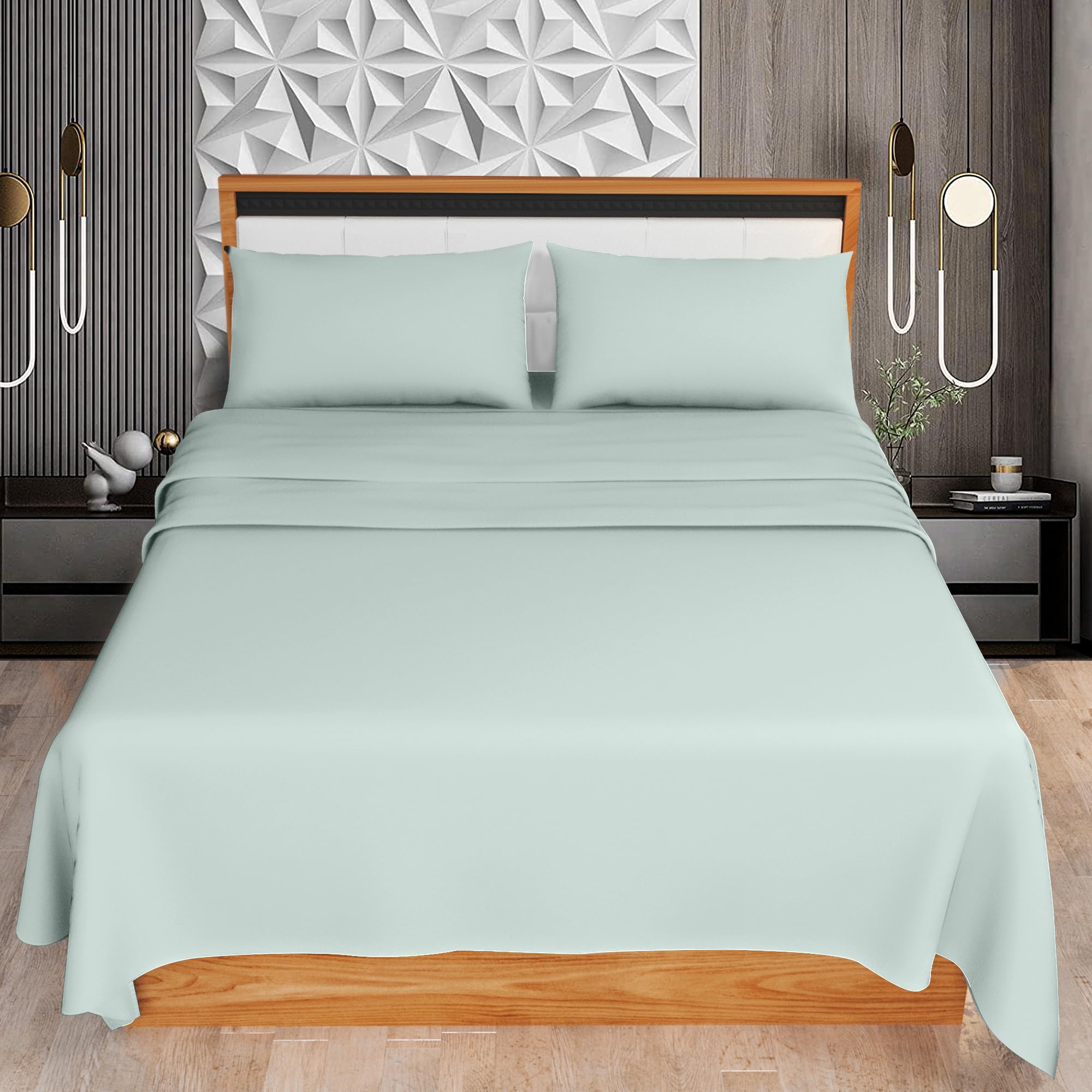 HOME ACE Duck Egg King Size Sheet Set (Fitted Sheet + Flat Sheet + Pillow Case) - Easy Iron Polycotton Kingsize Bed Sheet Set - 100% Poly Cotton Sheets Set King Size Bed