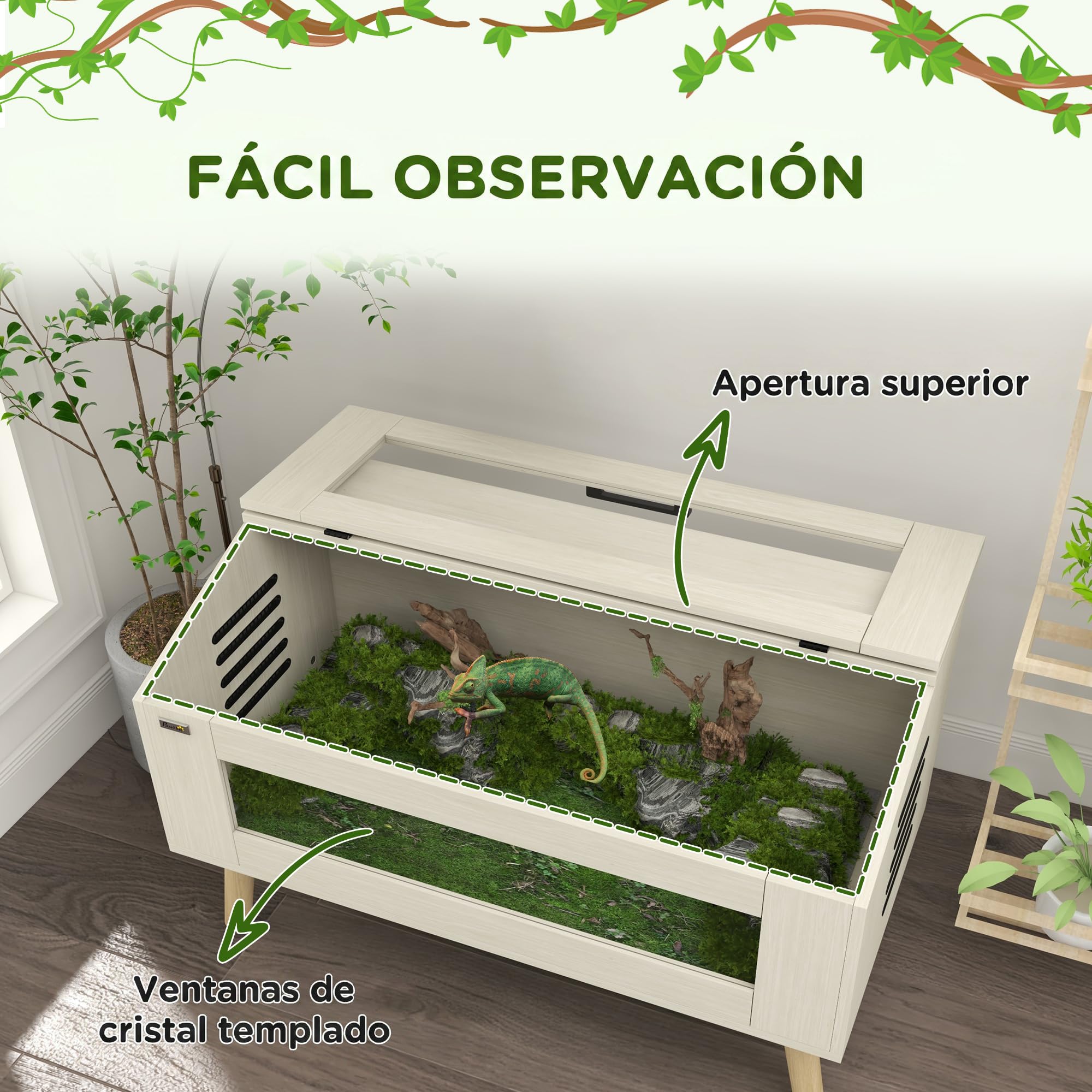PawHut Terrario para Reptiles con Tapa Abatible, 100x50x60 cm Roble