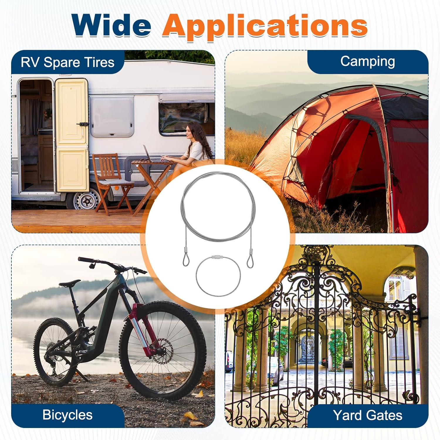 5 Set Double Loop Security Cable Lock (6.56 ft X0.08'') + Keychain Cable, Silver