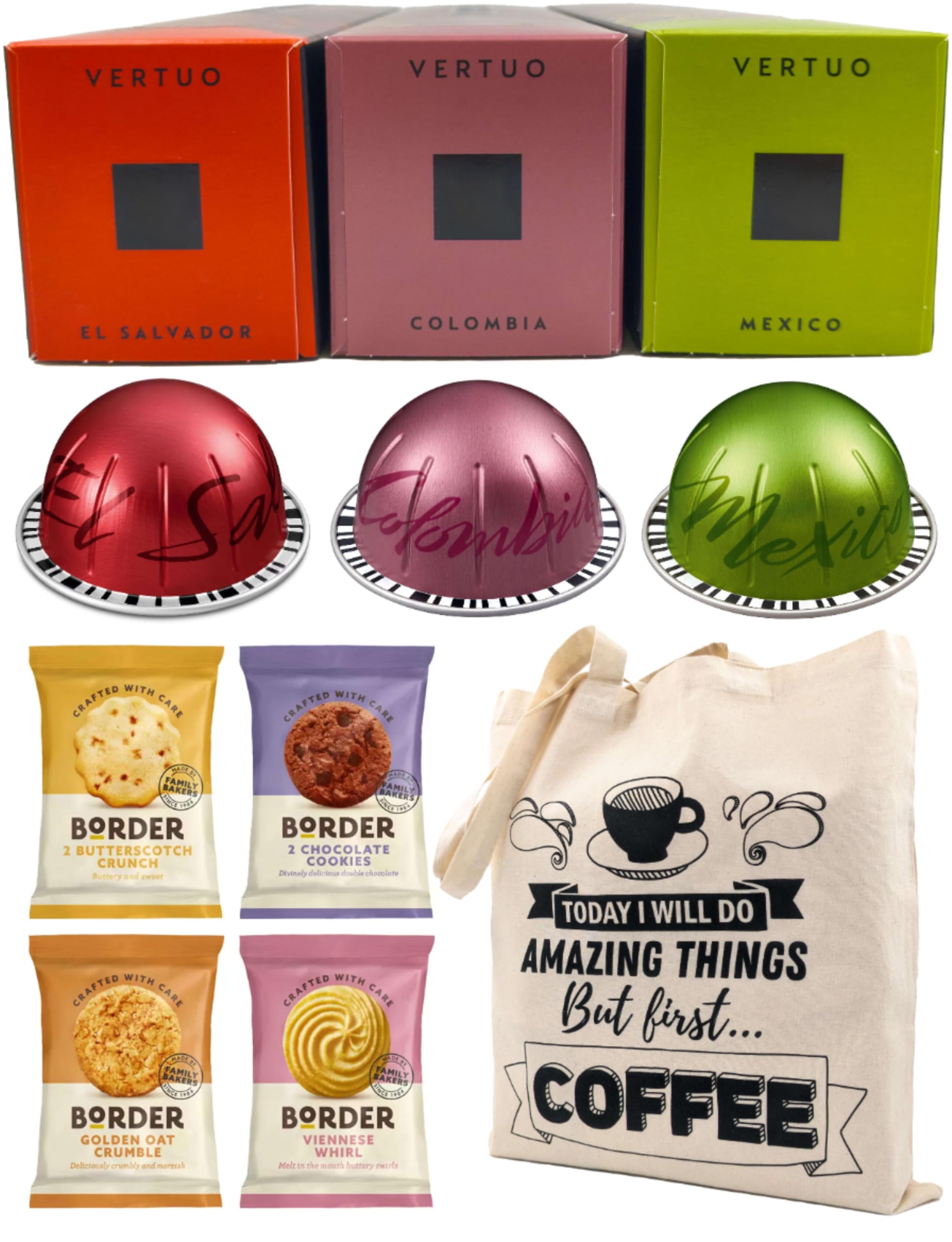 Coffee Pod Variety Pack for Nespresso Vertuo Machine - El Salvador, Colombia, Mexico - 3 Boxes (30 Pods) Bundled with Border Biscuits Selection and Reusable Tote Bag