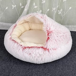 Hooded Dog Cat Cave Bed, Covered Plush Round Donut Cat Nest, Self-Warming Non-Slip Cat Bed Dog Cushion for Pet Puppy Kitten, 16x7inch Soft Cat Sleeping Bag Pink,Flannel
