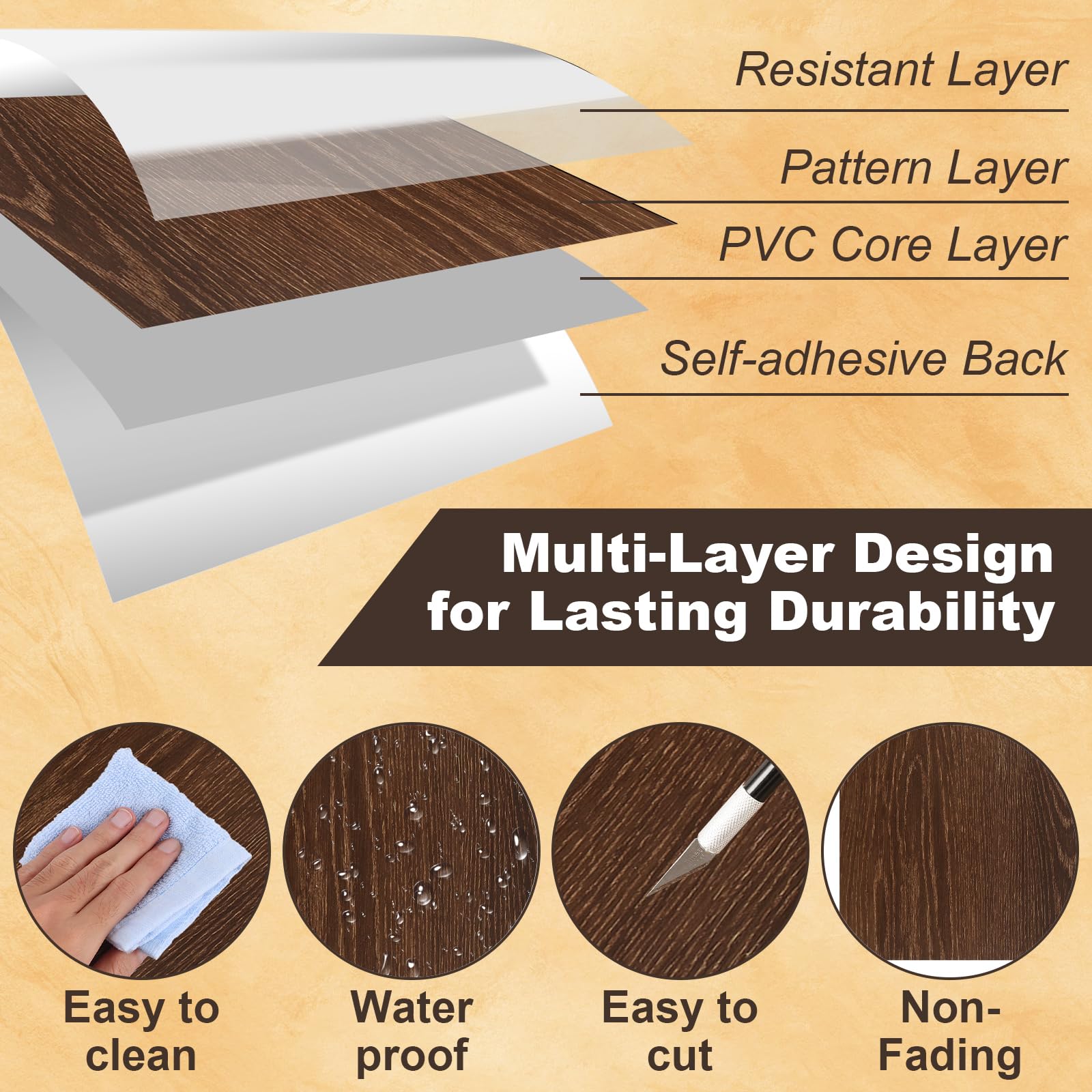 JMIATRY Lot de 40 carreaux de sol à décoller et à coller - Carreaux de sol en vinyle imperméables pour sol de cuisine - 30,5 x 30,5 x 1,5 cm - Couverture de 40 m² - Marron