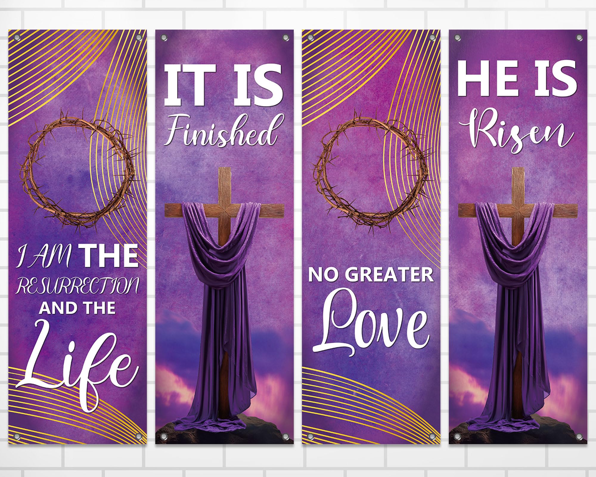 4Pcs Church Banners for Sanctuary Wall Welcome Religious Banners Hanging Backdrop Easter Church Hanging Signs Bible Verses Banner Scripture Church Hanging Signs for Church School Decor