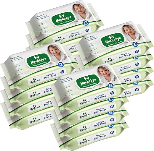 Hushabye Premium Milk Baby Wipes with lid- 0+ Months, pH balanced, Paraben &amp; Alcohol Free, Moisturising &amp; Thick Wipes with...
