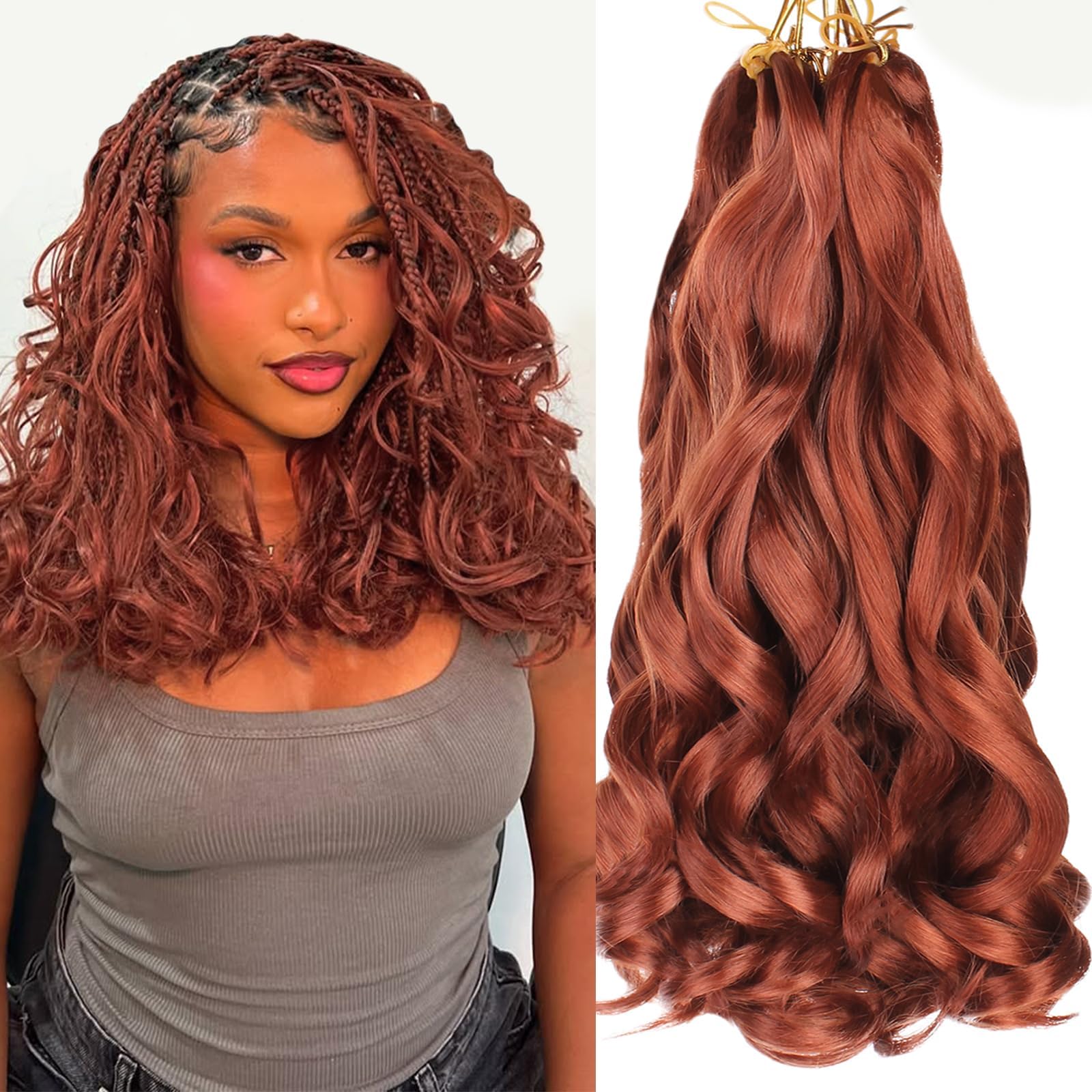 COOKOO 14 Inch 9 Packs Ginger French Curl Braiding Hair for Black Women Short Cooper Red Crochet Box Braids With Curly Wavy Ends Pre-Stretched Wavy Texture Braiding Synthetic Hair for Goddess Box
