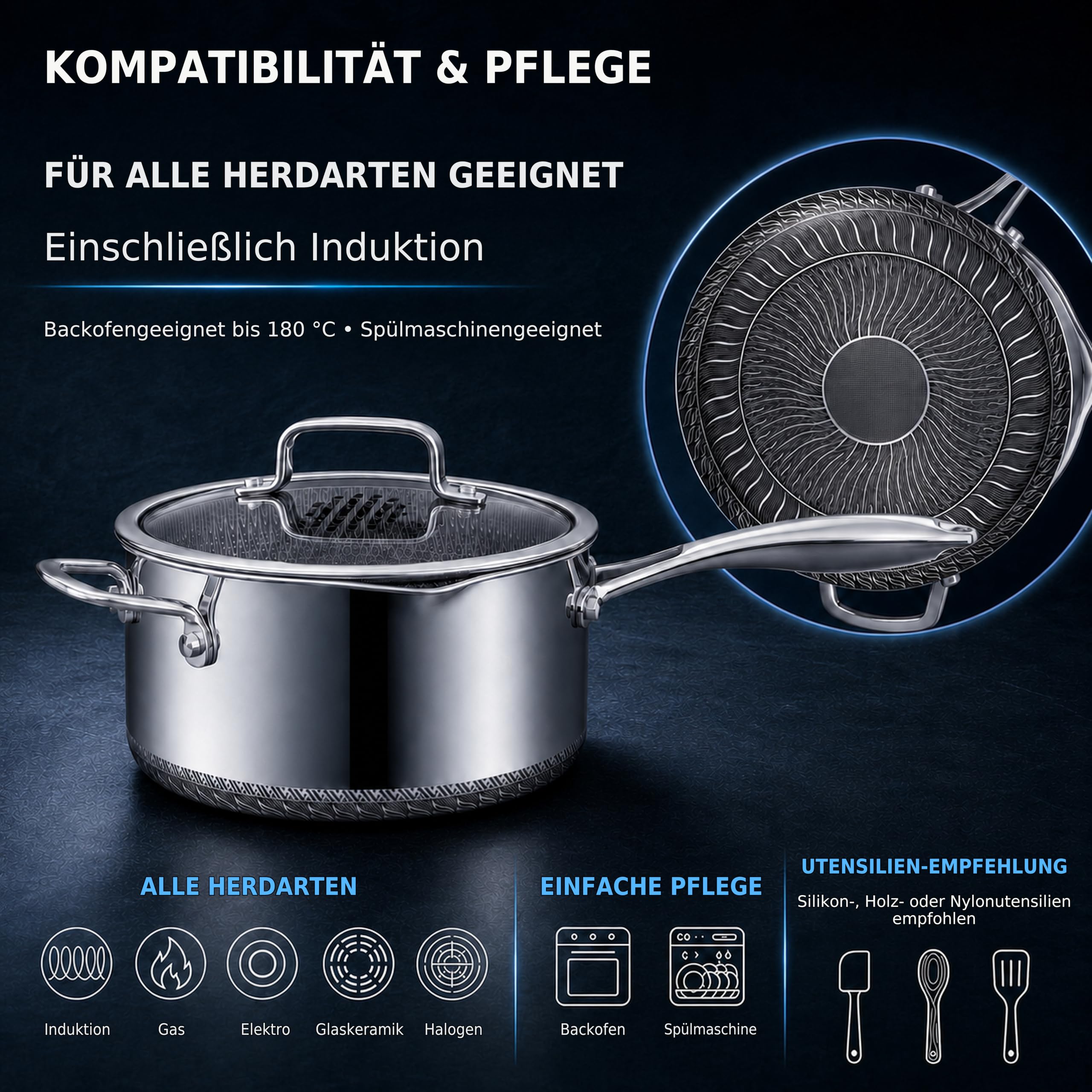 Stielkasserolle mit Deckel, 22 cm/3.5L, antihaftbeschichtet, für Induktion, Kochtopf mit Ausgießer, kühlbleibender Griff, kratzfest,