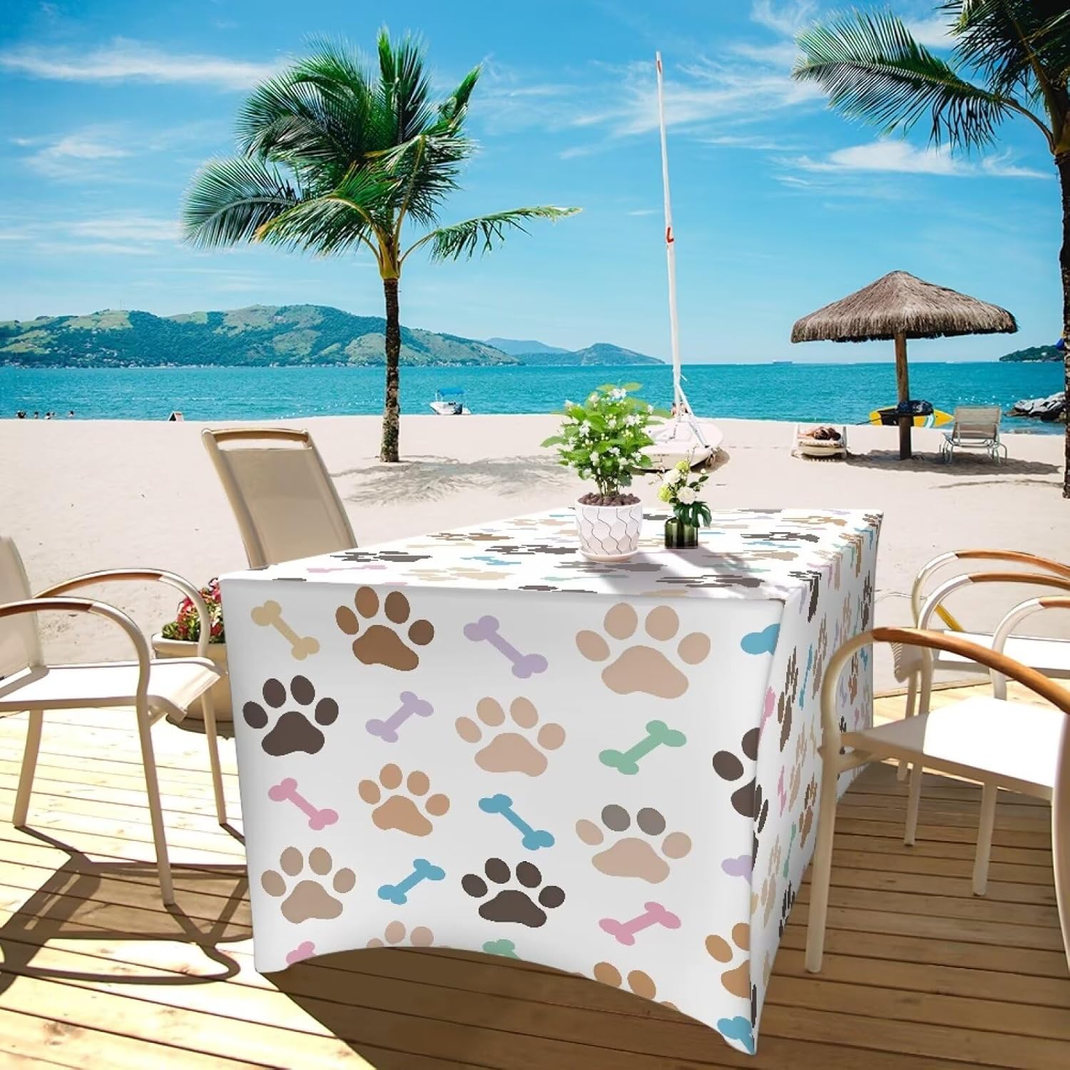 Dog Paw 6ft Stretch Spandex Table Cloth for Standard Folding Tables Fabric Washable Fitted Tablecloths for 6 Foot Rectangle Tables Protection Cover for Home Party Birthday Decor