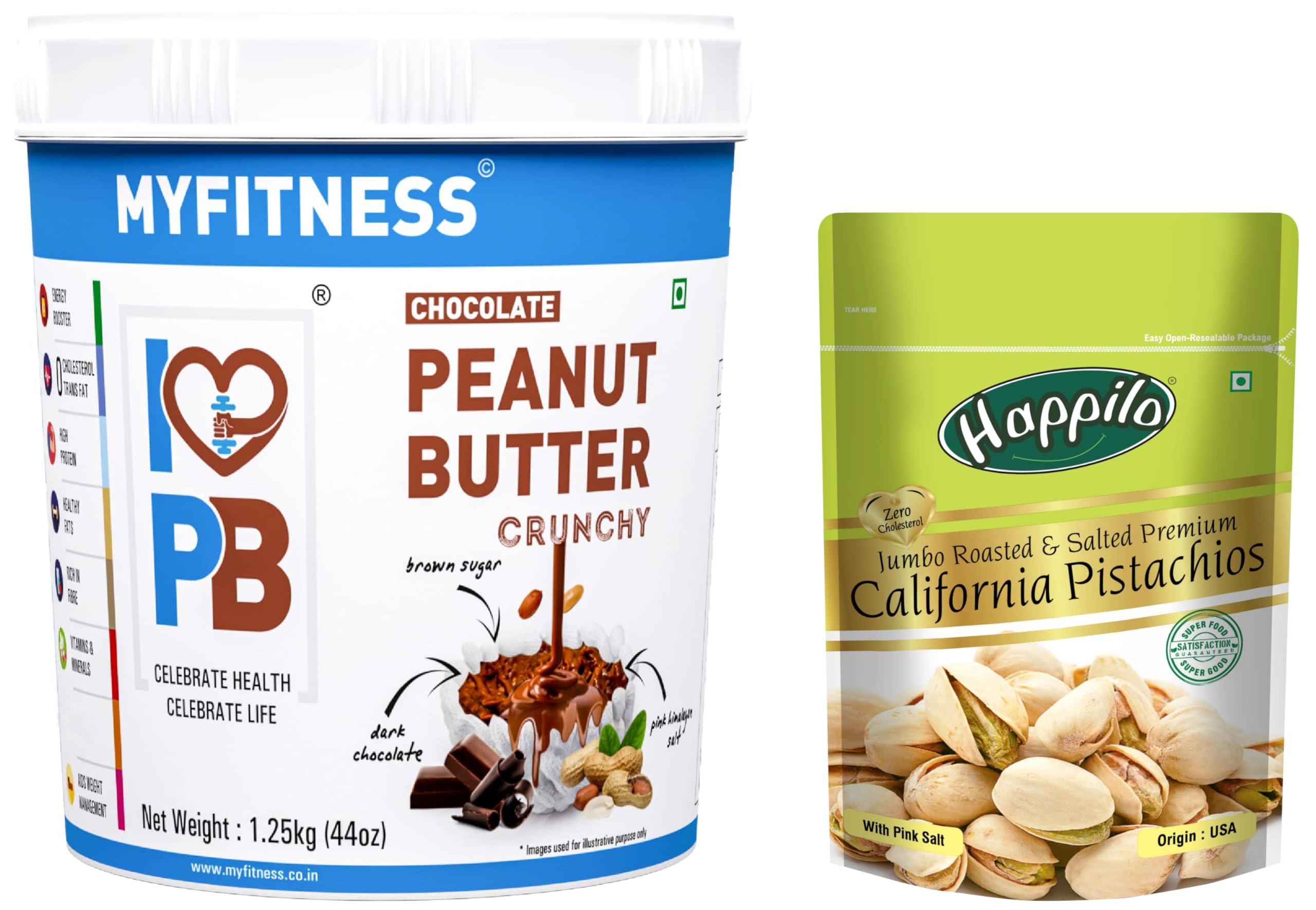 MYFITNESS Chocolate Peanut Butter Crunchy 1250g | 26g Protein & Happilo Premium Californian Roasted and Salted Pistachios, 200g (Pack of 1)