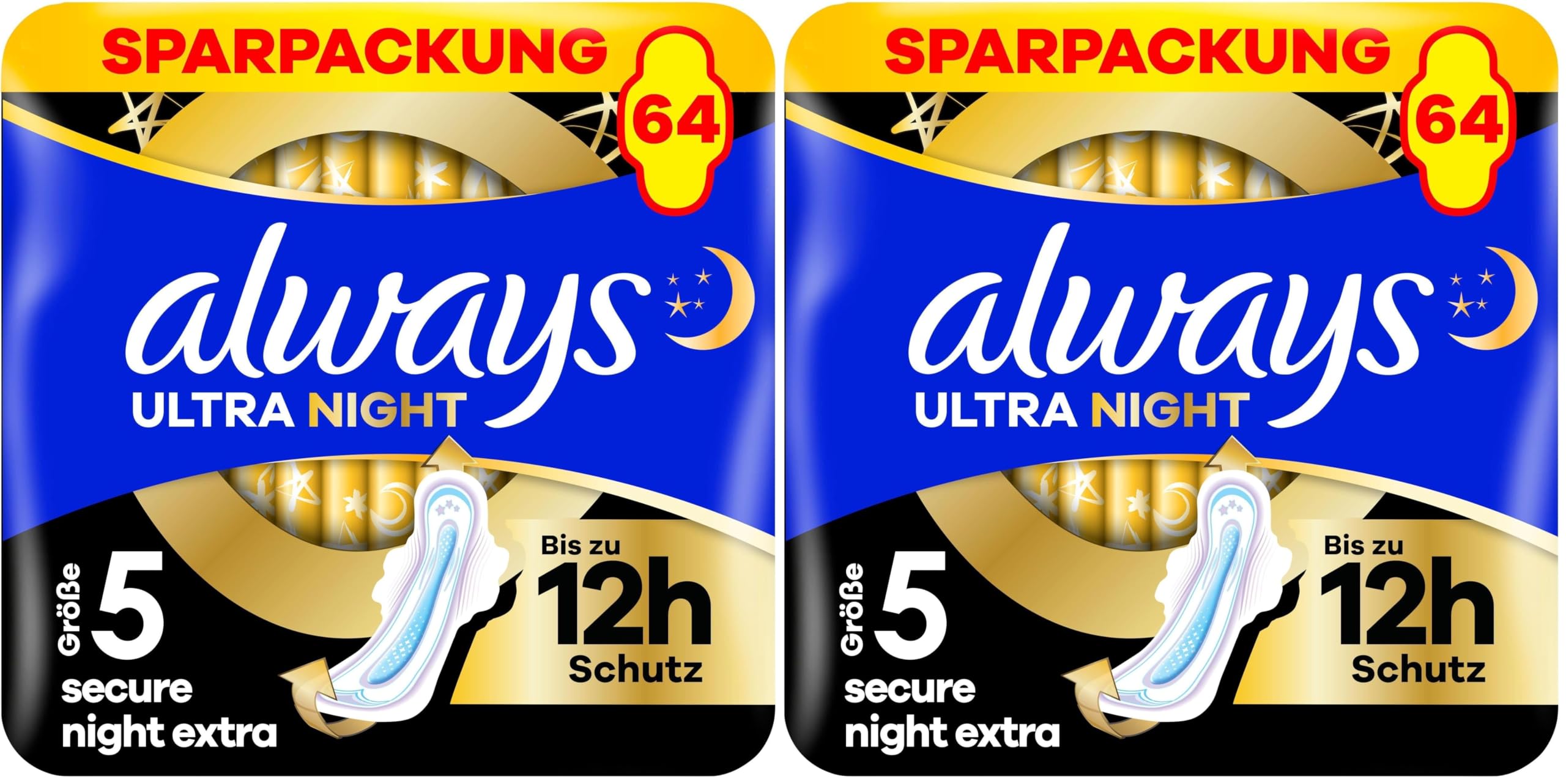 Always Ultra Binden Damen Gr. 5, Secure Night Extra, 64 Damenbinden mit Flügeln (4 x 16 Stück) Multipack, dünn und super saugfähig, geruchsneutralisierend und Auslaufschutz (Packung mit 2)