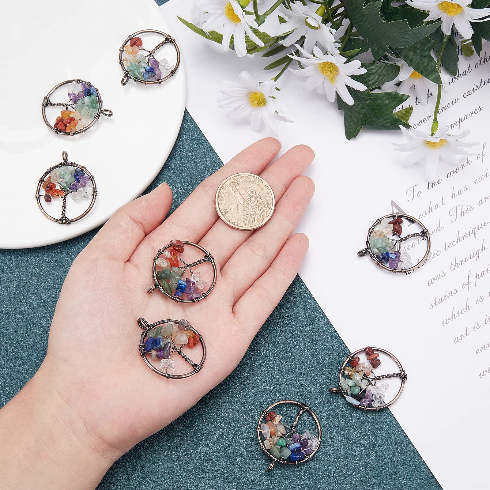 SUNNYCLUE 8Pcs Tree Life Pendant Quartz Crystal Gemstone Pendant Flat Round with Tree of Life Charm Pendants Findings Hole for Jewelry Bracelet Chakra Necklace Making Red Copper - Image 3
