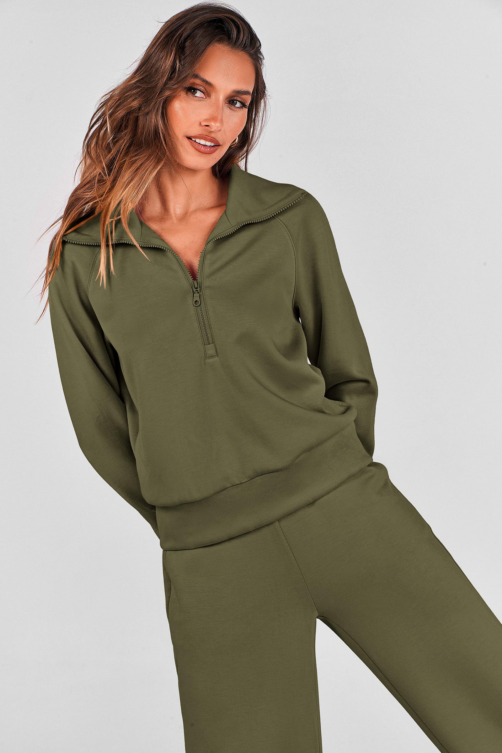 PRETTYGARDEN Women's 2 Piece Outfits Casual Lapel Half Zip Sweatshirts and Wide Leg Pants Tracksuit Sets — view 6