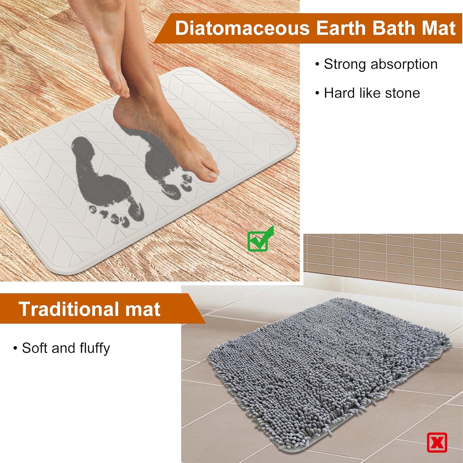 JUERLEN 2 Pack Diatomaceous Earth Shower Mat, Stone Bath Mat, Nonslip Super Absorbent Fast-Drying Hard Bath Mat for Bathroom Shower Floor, 24 x 16 inch, Grey and White Arrow Design