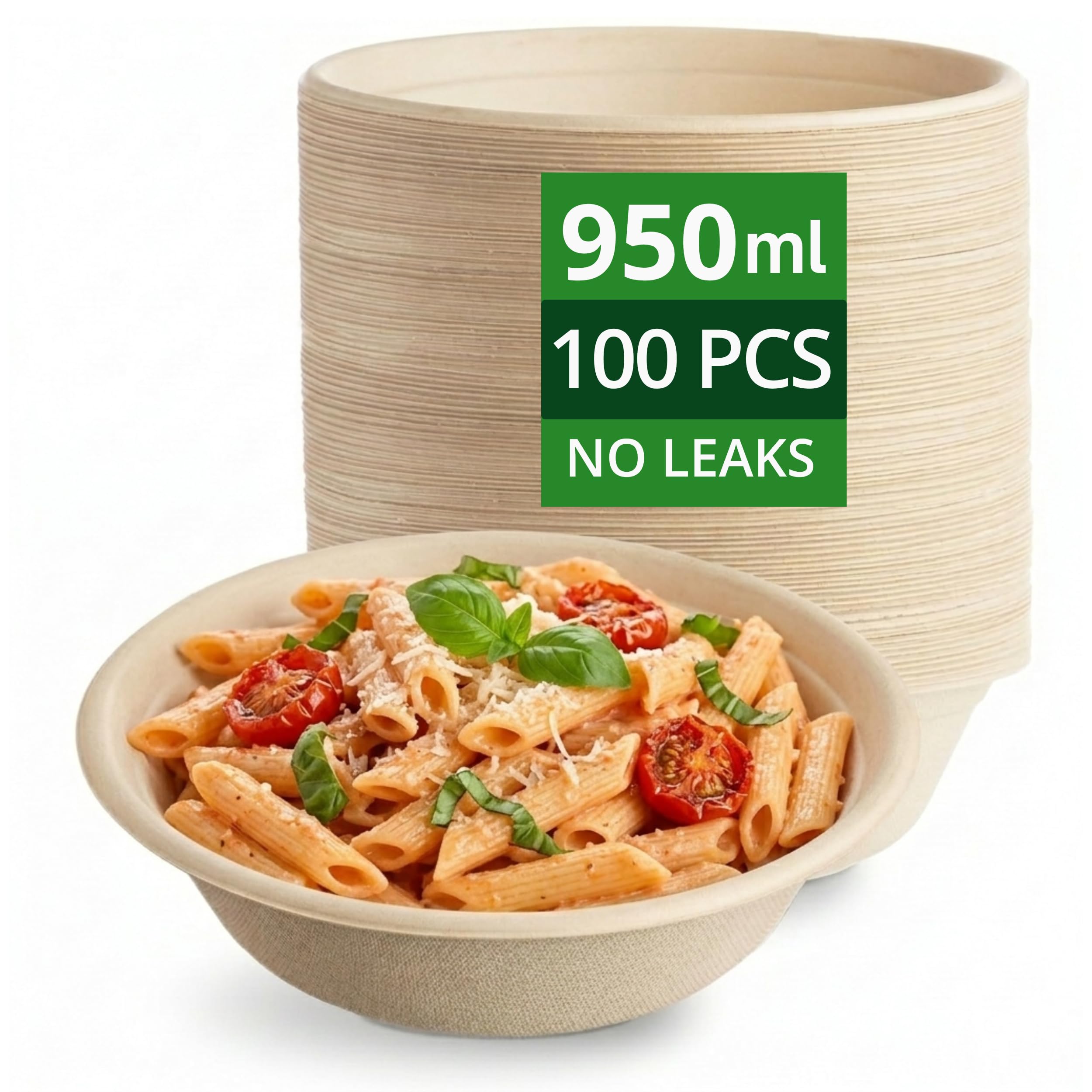 Strong Paper Bowls (950ml / 100 Pack) Large Disposable Compostable Bagasse Bowl for Party – (8.5 x 2.4 inches) Biodegradable Eco-Friendly Heavy-Duty Microwavable Soup Bowls – Full Meal, Salads, Lunch