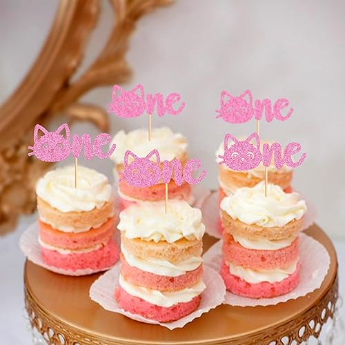 Miniatura 6 de Ercadio Paquete de 24 adornos para magdalenas con purpurina rosa para gatos de primer cumpleaños, para gatitos, mascotas, gatos, decoración de
