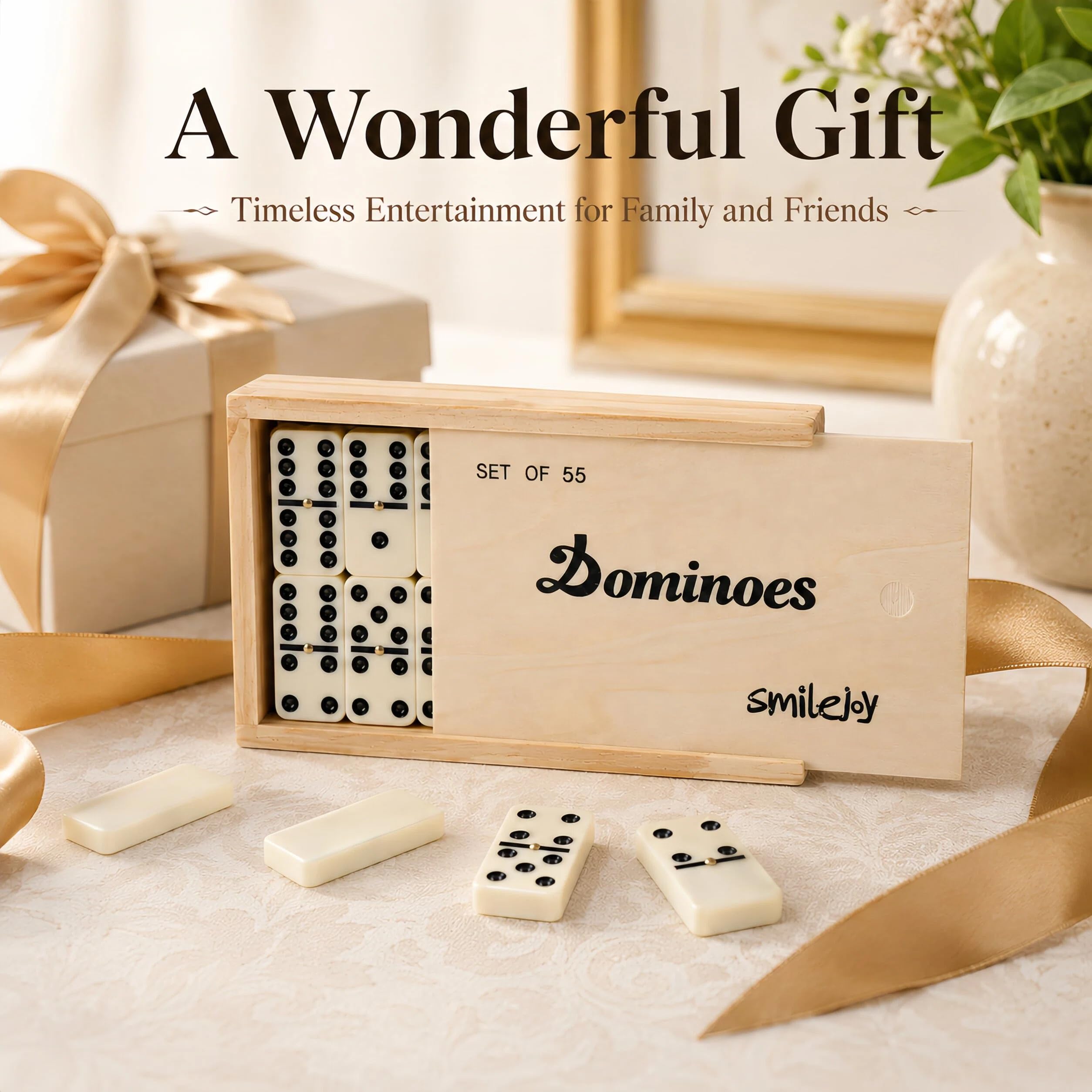 Smilejoy Set domino per adulti, doppio nove Domino Set per giochi da tavolo classici, Domino Double 9 per giochi di famiglia con custodia in legno naturale con spinner 55 pezzi
