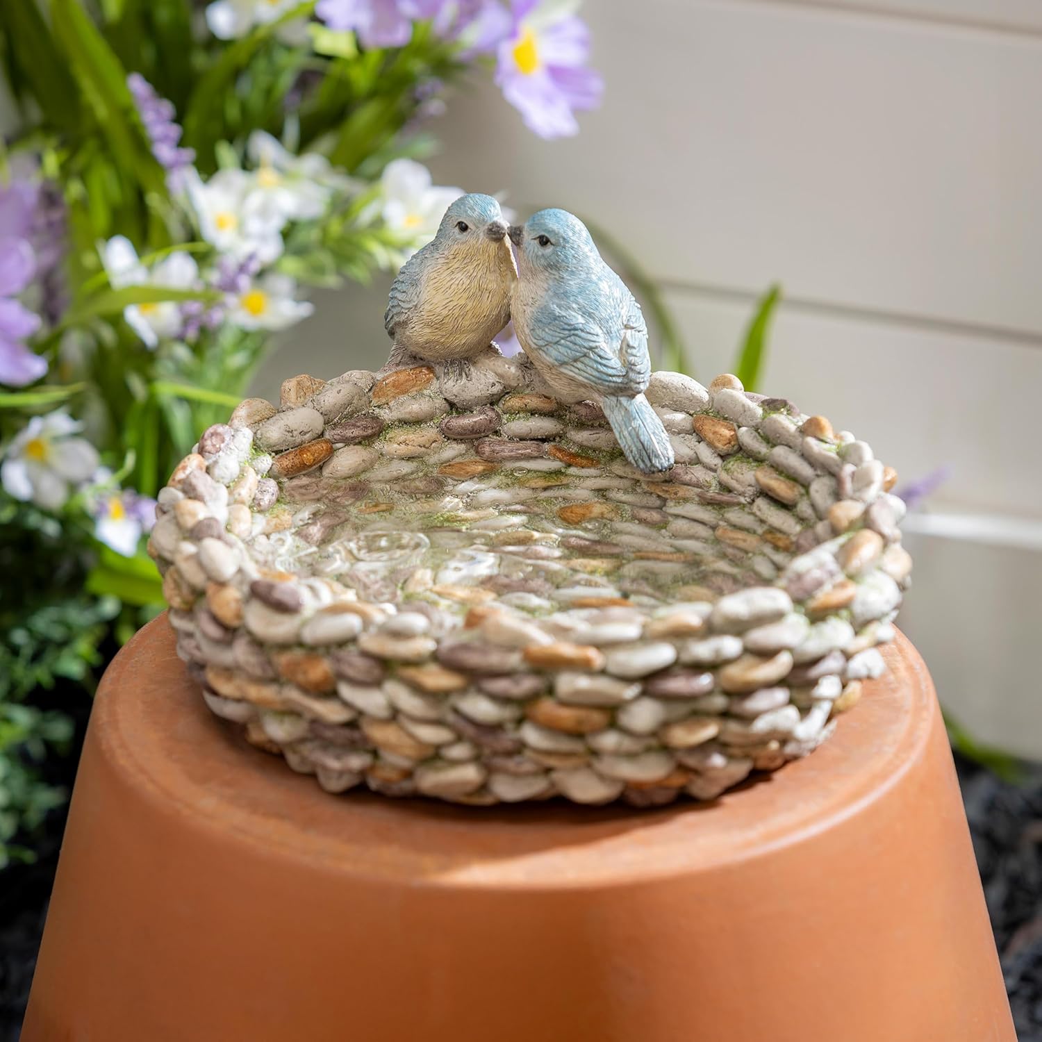 Evergreen Garden Resin Pebble Bird Baths for Outdoors Heavy Duty | Metal Bird Bath Bowl with Birds | Ground Standing Bird Bath and Feeder for Garden Yard Deck