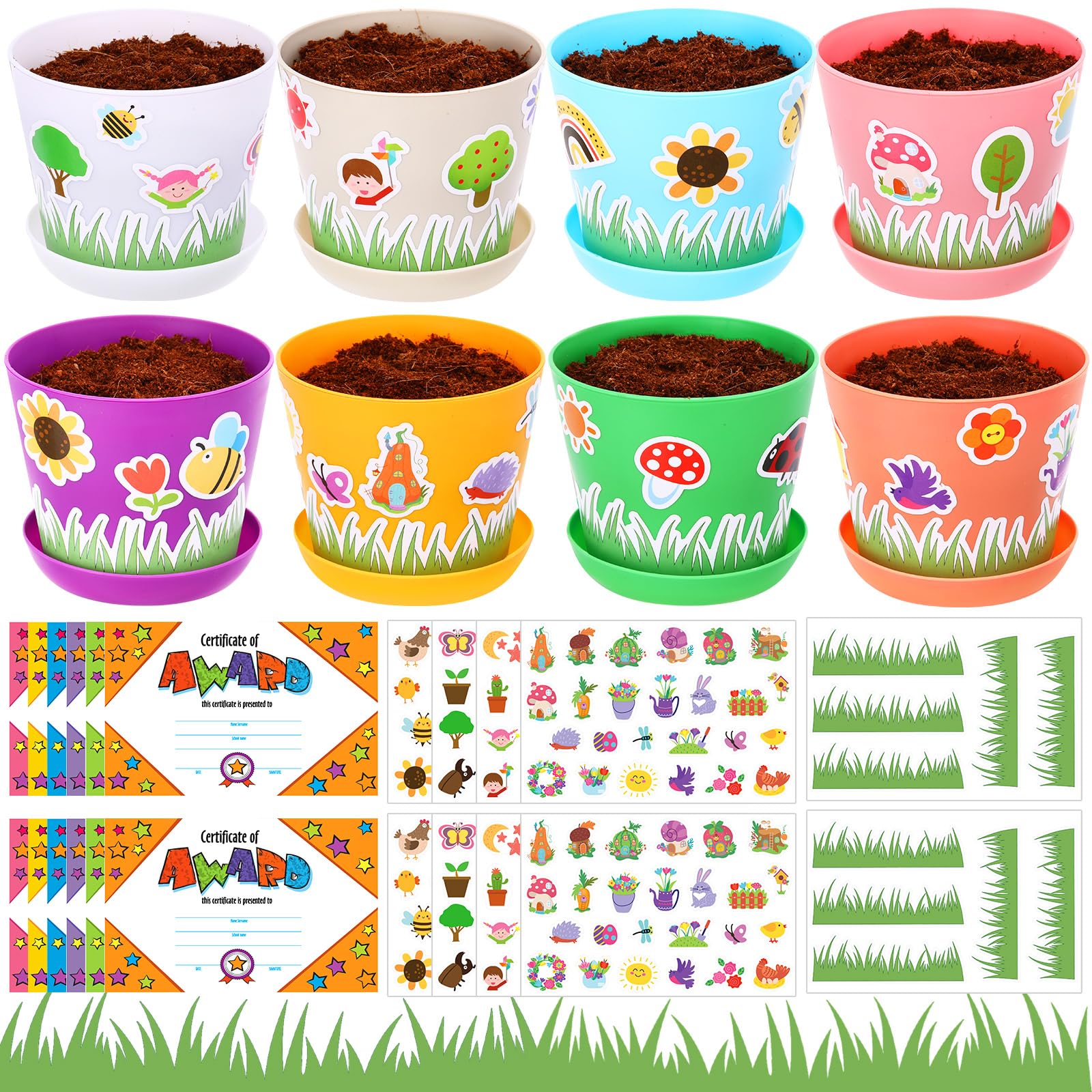 Photo 1 of **NO DECOR**Domensi 12 Pack Garden Pot Craft Kit 4 Inch DIY Spring Crafts for Kids Bulk Plastic Flower Plant Pot Plastic Planter with Tray Drainage Holes with Tag, Certificate of Award, Sticker (Multicolor)