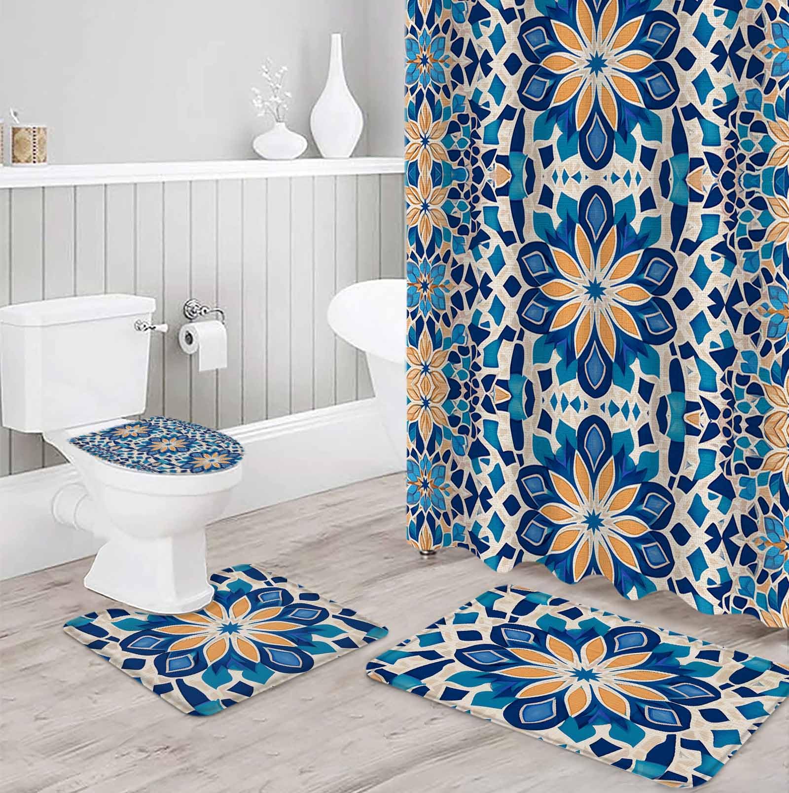 Blue Morocco Bathroom Set with Shower Curtain and Rug Accessories - 36x72 Inches Long Boho Flower Abstract Rustic Tribal Patterns Stall Curtain Waterproof with Large Bath Mat,Washable Runner Rug Set