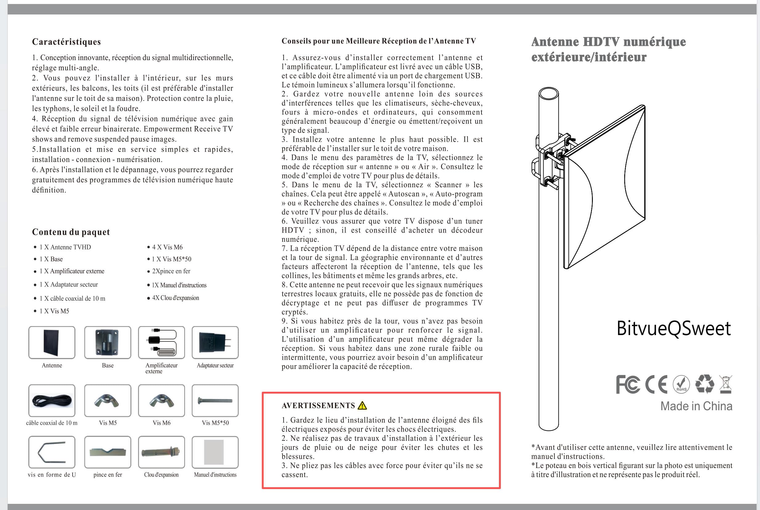 Antenne TNT Extérieure Antenne TV extérieure/intérieure 160 KM Réception, Câble coaxial de 10m, Revêtement Anti-UV, Etanche et au Design Compact