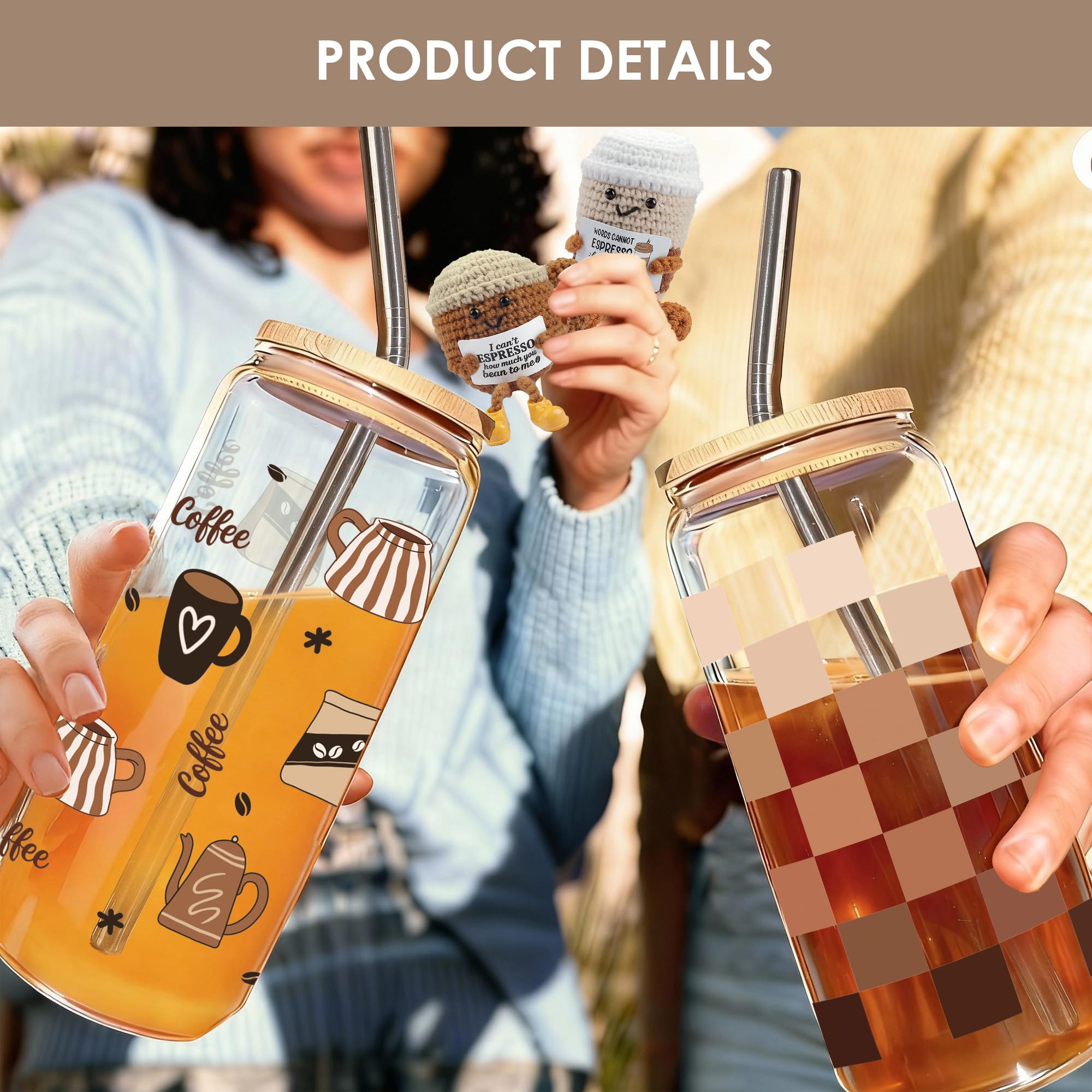 Joeyan Set Regalo per Persona Speciale – Supporto Emotivo all'Uncinetto e Tumbler Vetro 20oz Coperchio Cannuccia per Caffè Freddo, Regalo Compleanno per Amanti Caffè, Uomo e Donna