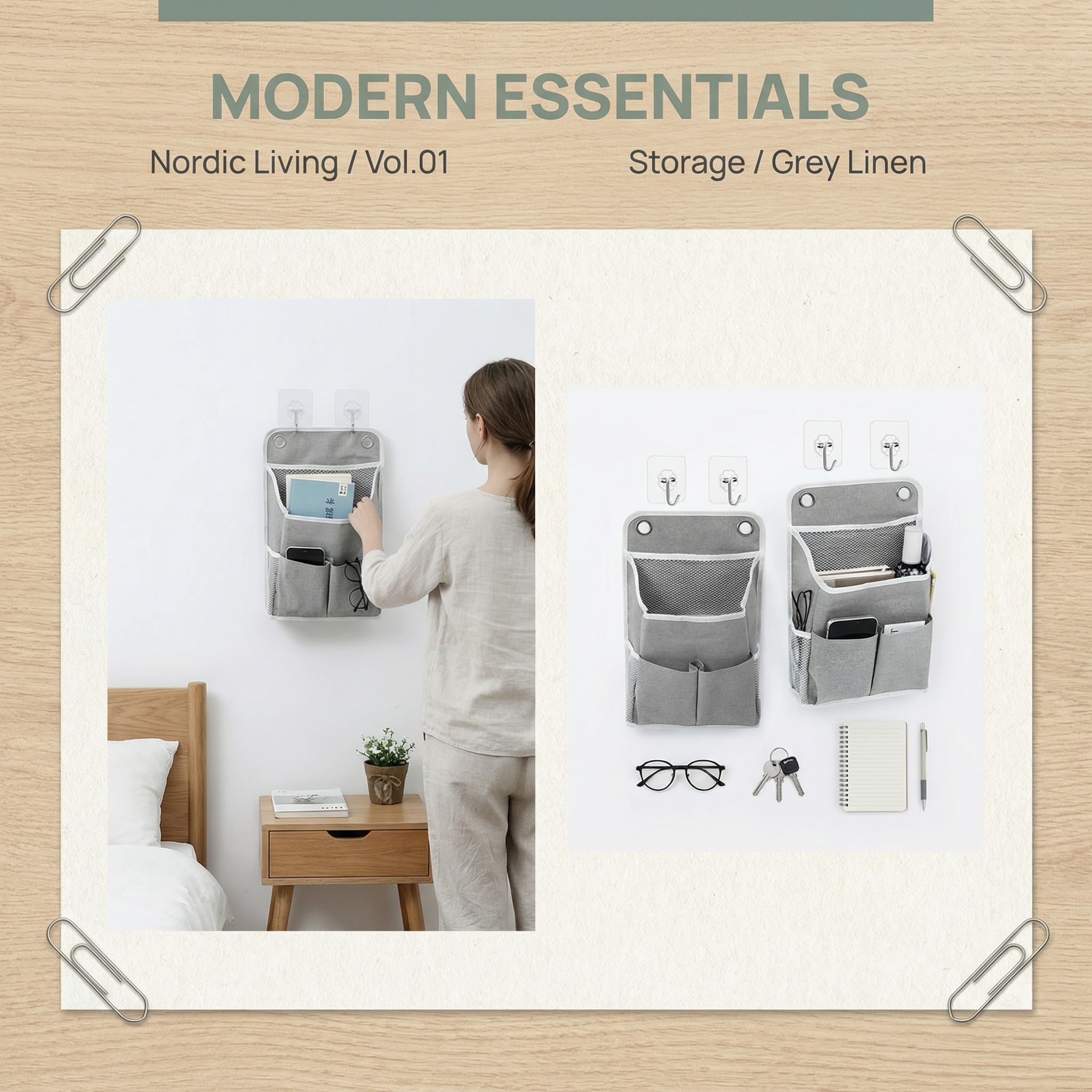 2PCS Sacs de Rangement Suspendus, Rangement Suspendu Pliable, Sac de Rangement Mural avec Poche et Crochets Pochettes Murales en Lin pour Chambre Bureau Salle de Bain Cuisine Gris